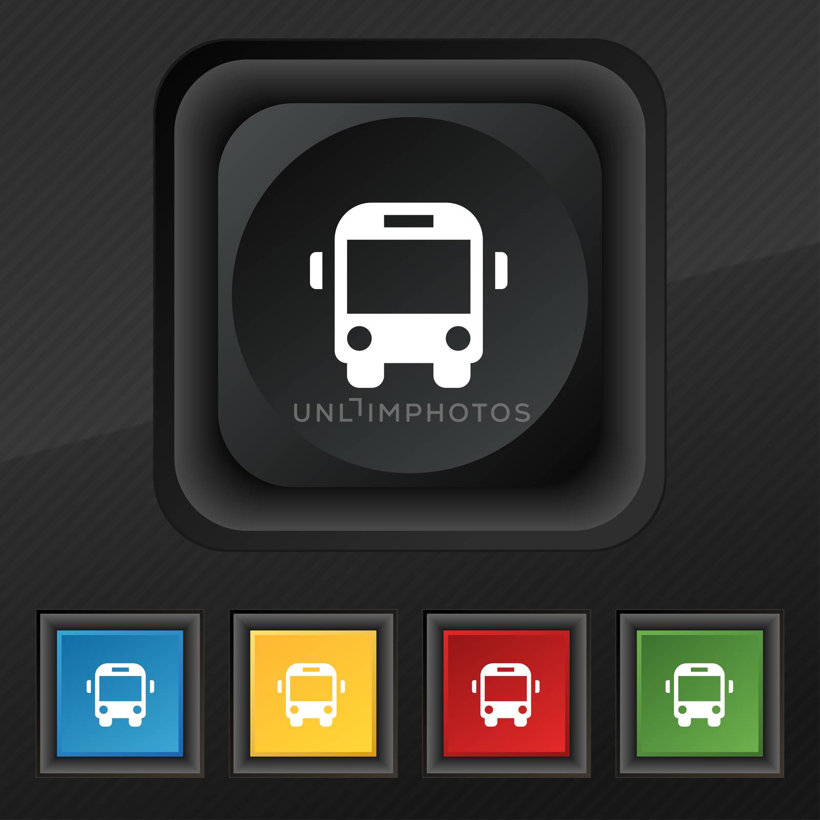 Bus icon symbol. Set of five colorful, stylish buttons on black texture for your design.  by serhii_lohvyniuk