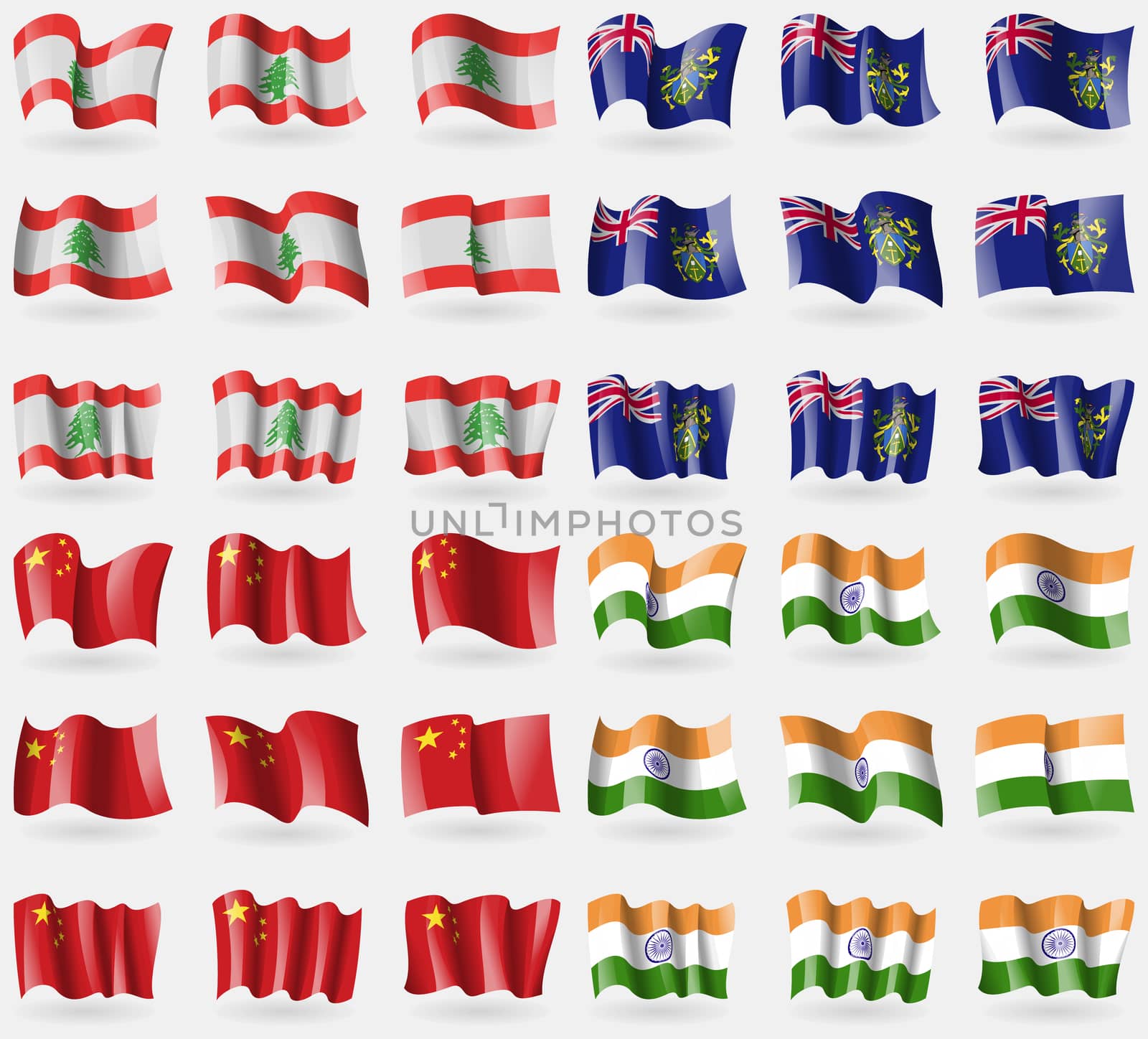 Lebanon, Pitcairn Islands, China, India. Set of 36 flags of the countries of the world.  by serhii_lohvyniuk