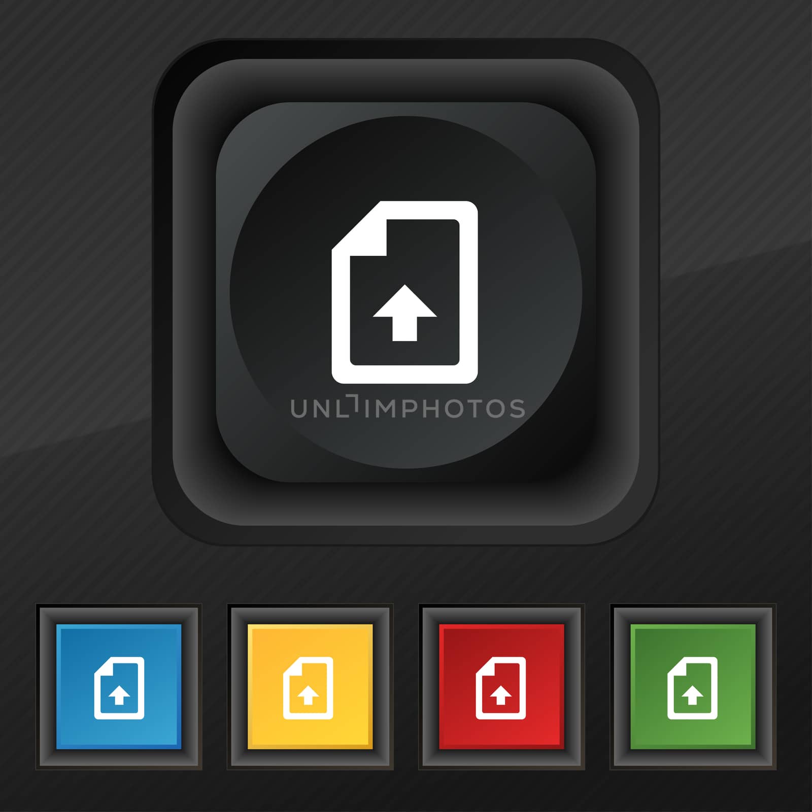 Export, Upload file icon symbol. Set of five colorful, stylish buttons on black texture for your design. illustration