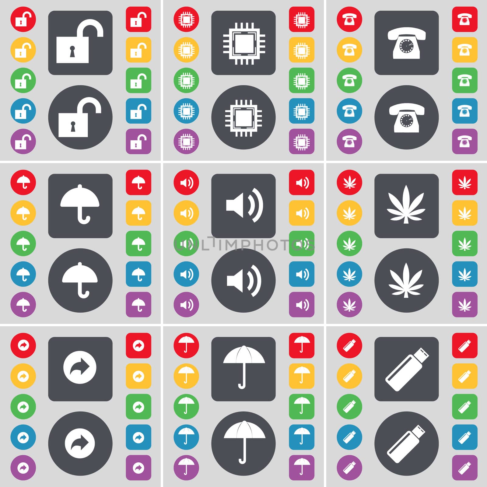 Lock, Processor, Retro phone, Umbrella, Sound, Marijuana, Back, Umbrella, USB icon symbol. A large set of flat, colored buttons for your design. illustration