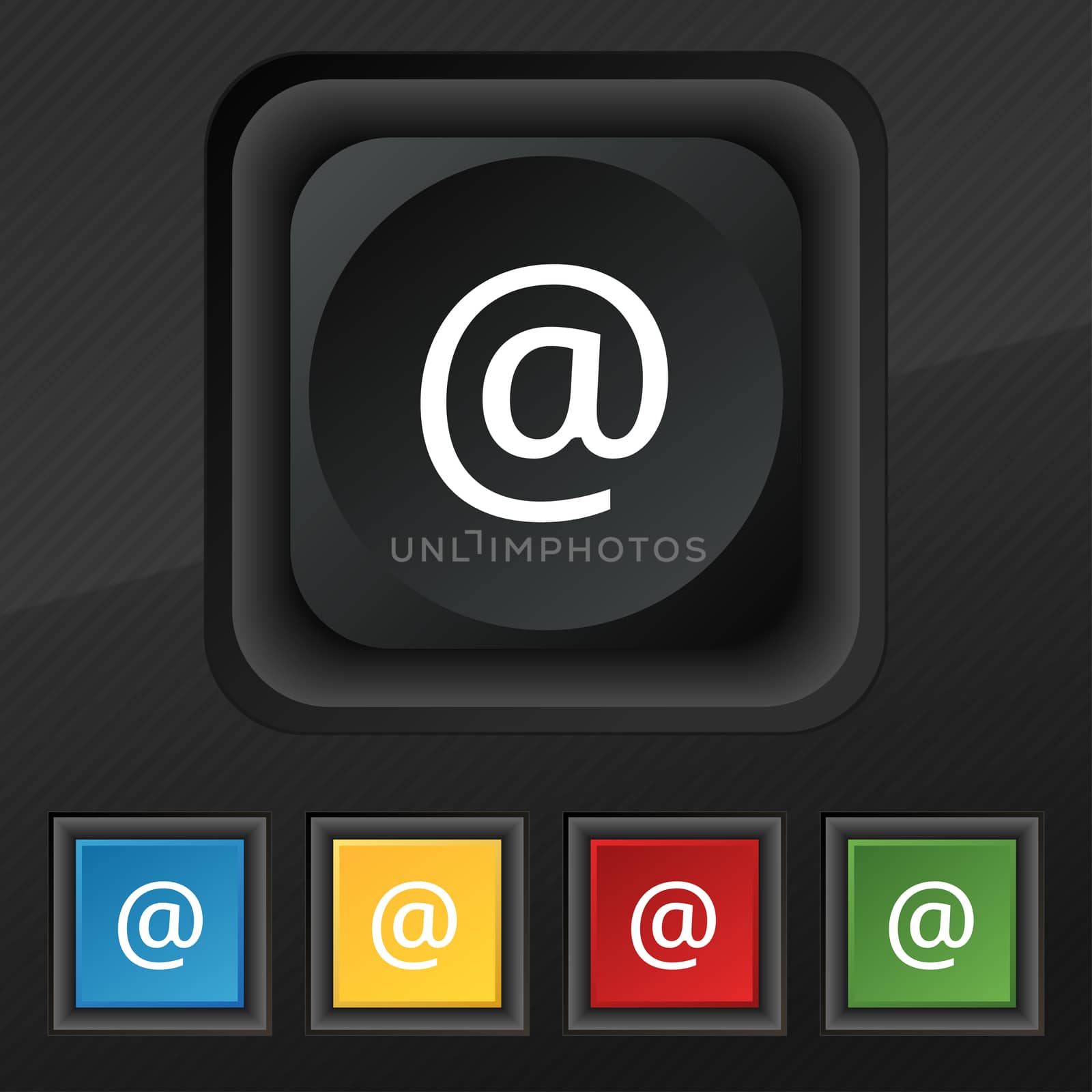 E-Mail icon symbol. Set of five colorful, stylish buttons on black texture for your design. illustration