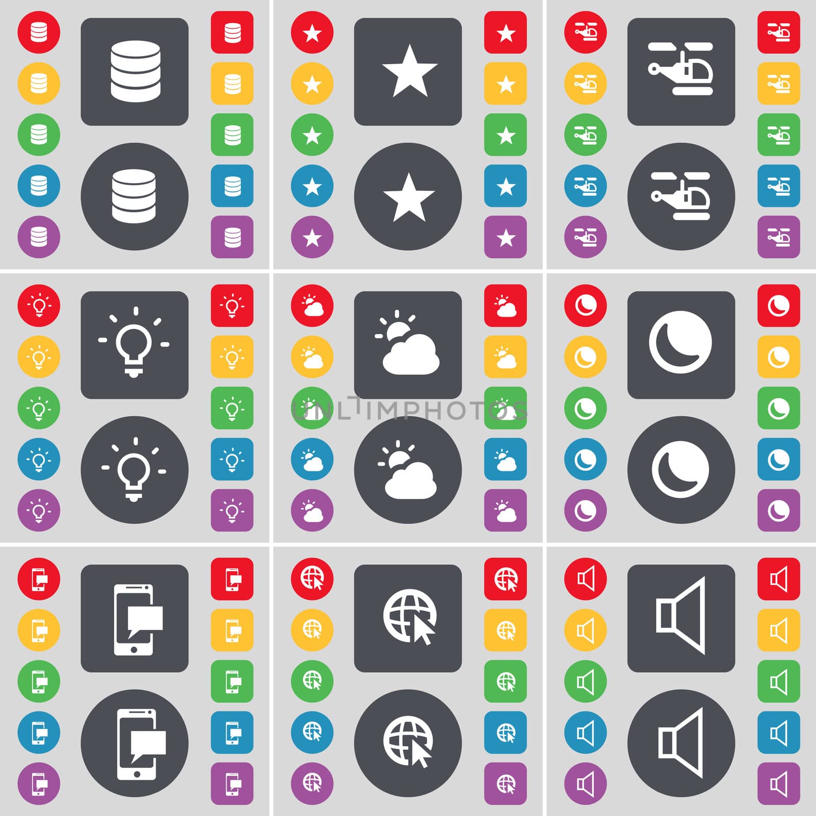 Database, Star, Helicopter, Light bulb, Cloud, Moon, SMS, Web cursor, Sound icon symbol. A large set of flat, colored buttons for your design. illustration