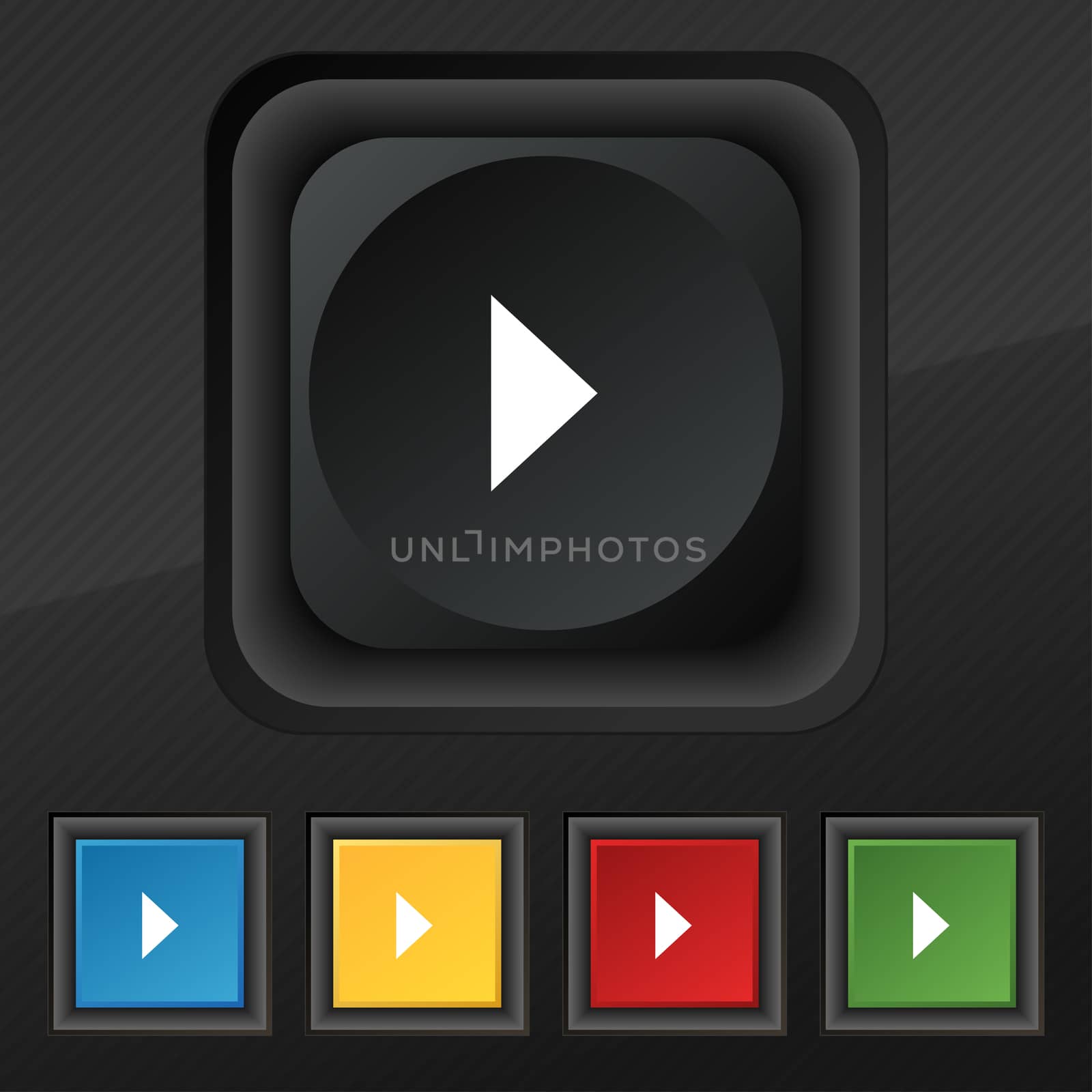 play button icon symbol. Set of five colorful, stylish buttons on black texture for your design. illustration