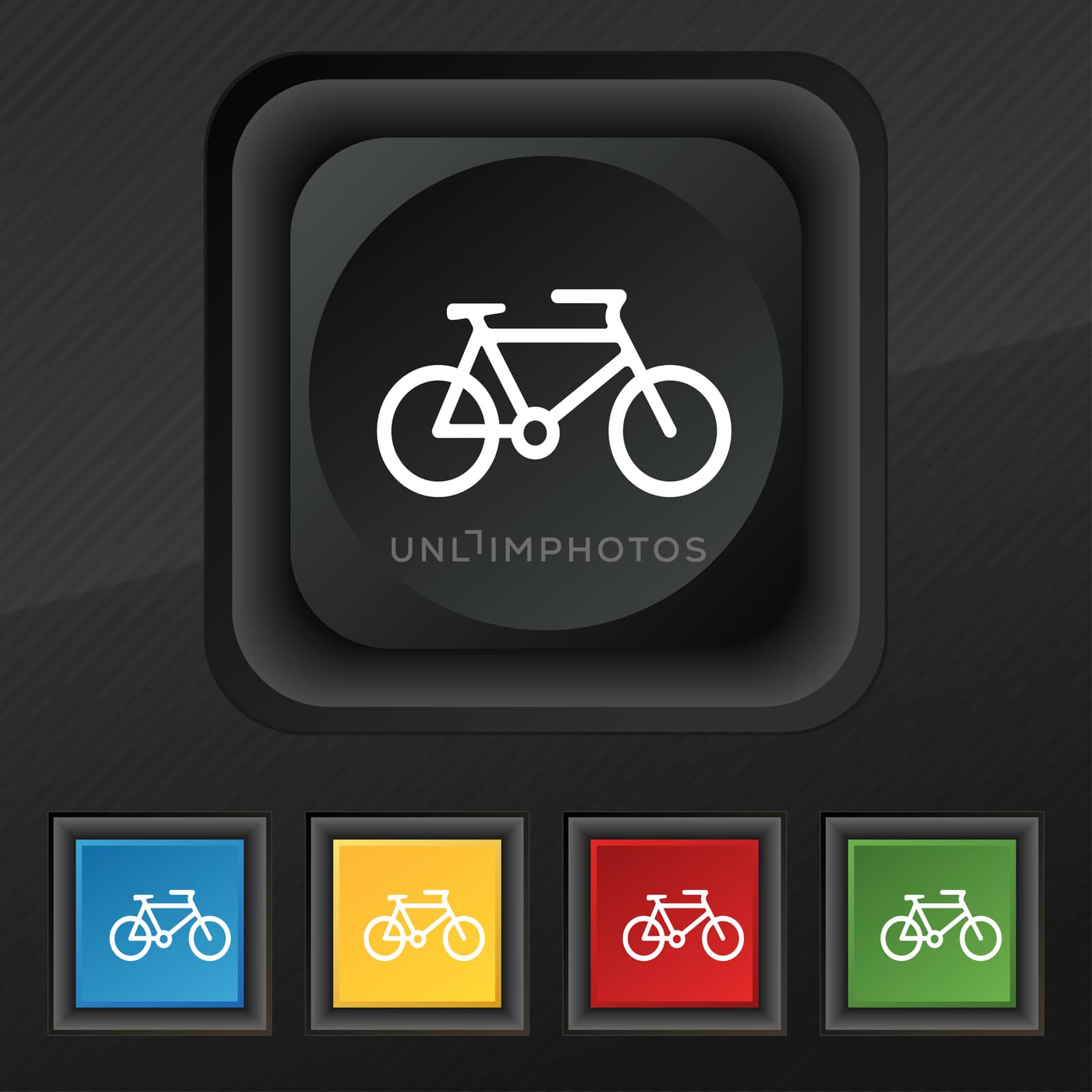 bike icon symbol. Set of five colorful, stylish buttons on black texture for your design.  by serhii_lohvyniuk