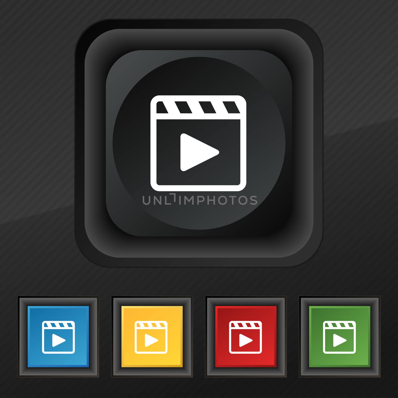 Play video icon symbol. Set of five colorful, stylish buttons on black texture for your design.  by serhii_lohvyniuk