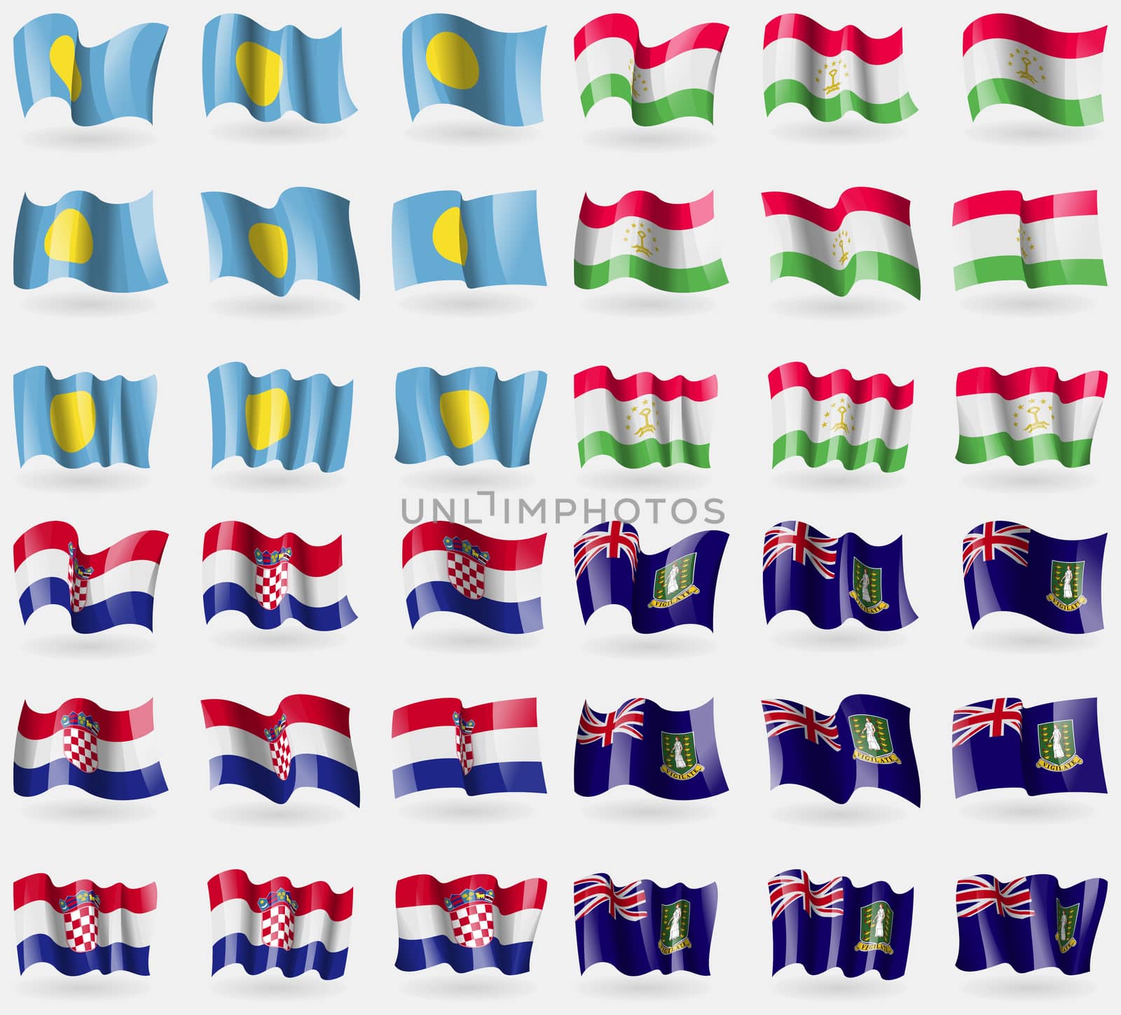 Palau, Tajikistan, Crotia, VirginIslandsUK. Set of 36 flags of the countries of the world.  by serhii_lohvyniuk