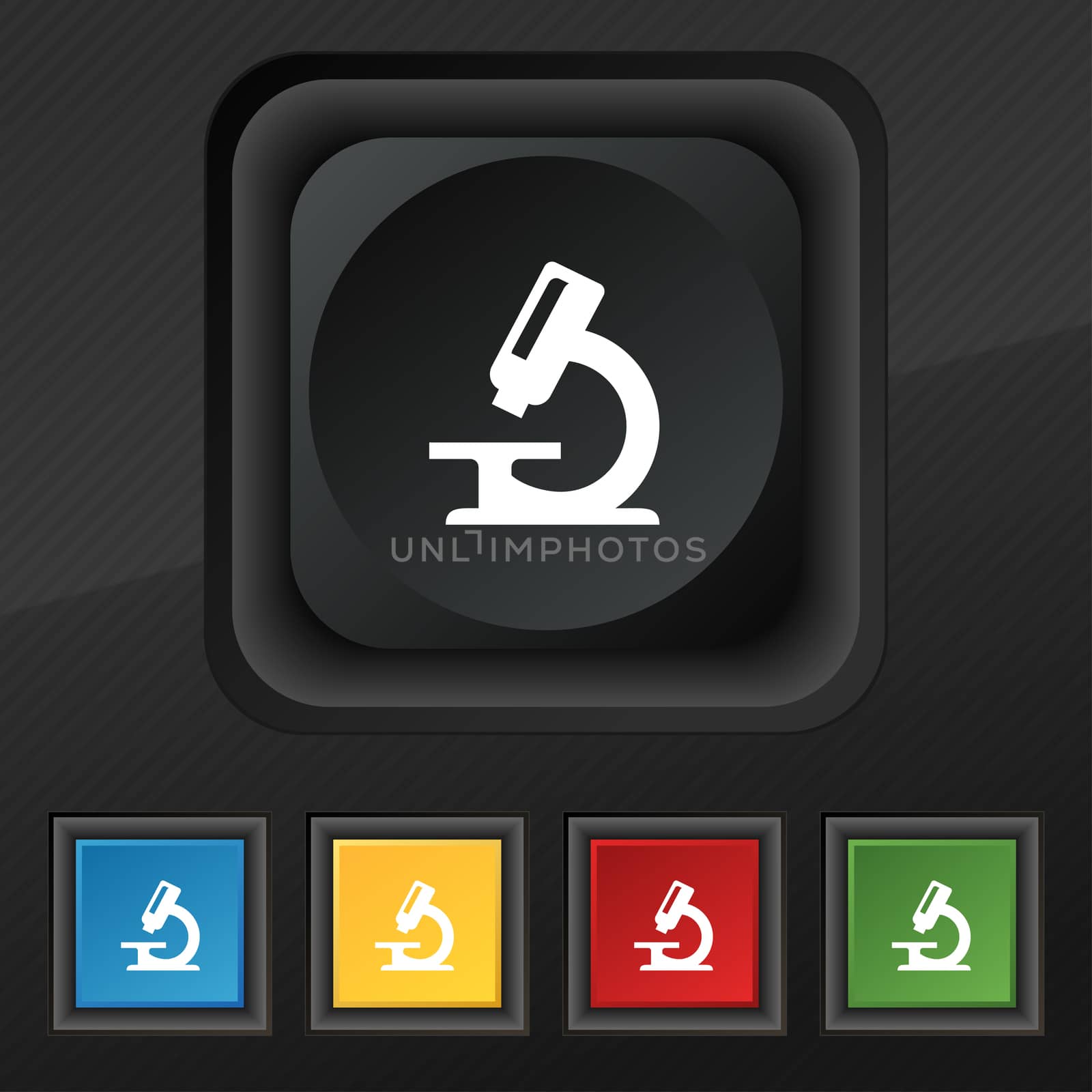 microscope icon symbol. Set of five colorful, stylish buttons on black texture for your design.  by serhii_lohvyniuk