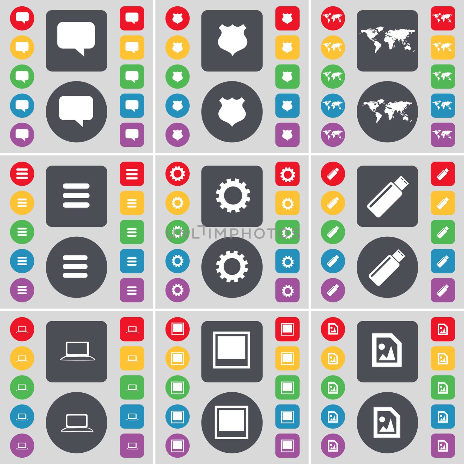 Chat bubble, Police badge, Globe, Apps, Gear, USB, Laptop, Window, Media file icon symbol. A large set of flat, colored buttons for your design. illustration