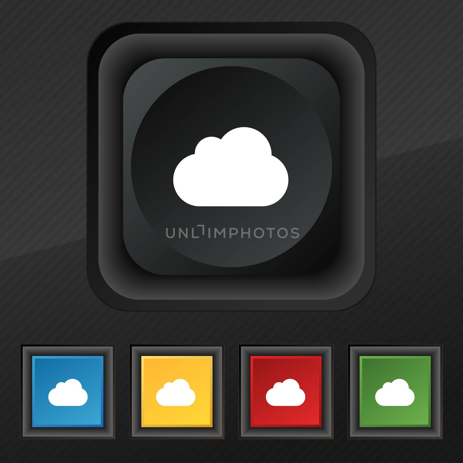 cloud icon symbol. Set of five colorful, stylish buttons on black texture for your design.  by serhii_lohvyniuk