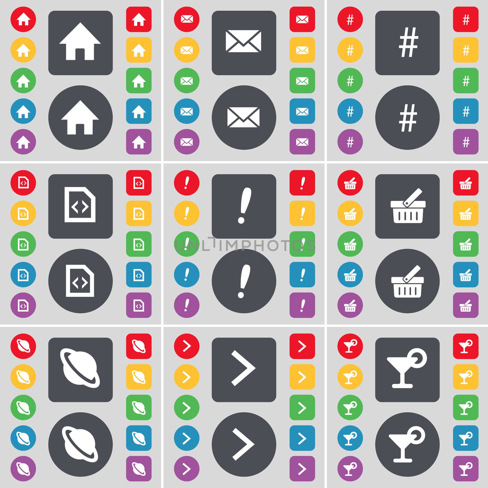 House, Message, Hashtag, File, Exclamation mark, Basket, Planet, Arrow right, Cocktail icon symbol. A large set of flat, colored buttons for your design. illustration