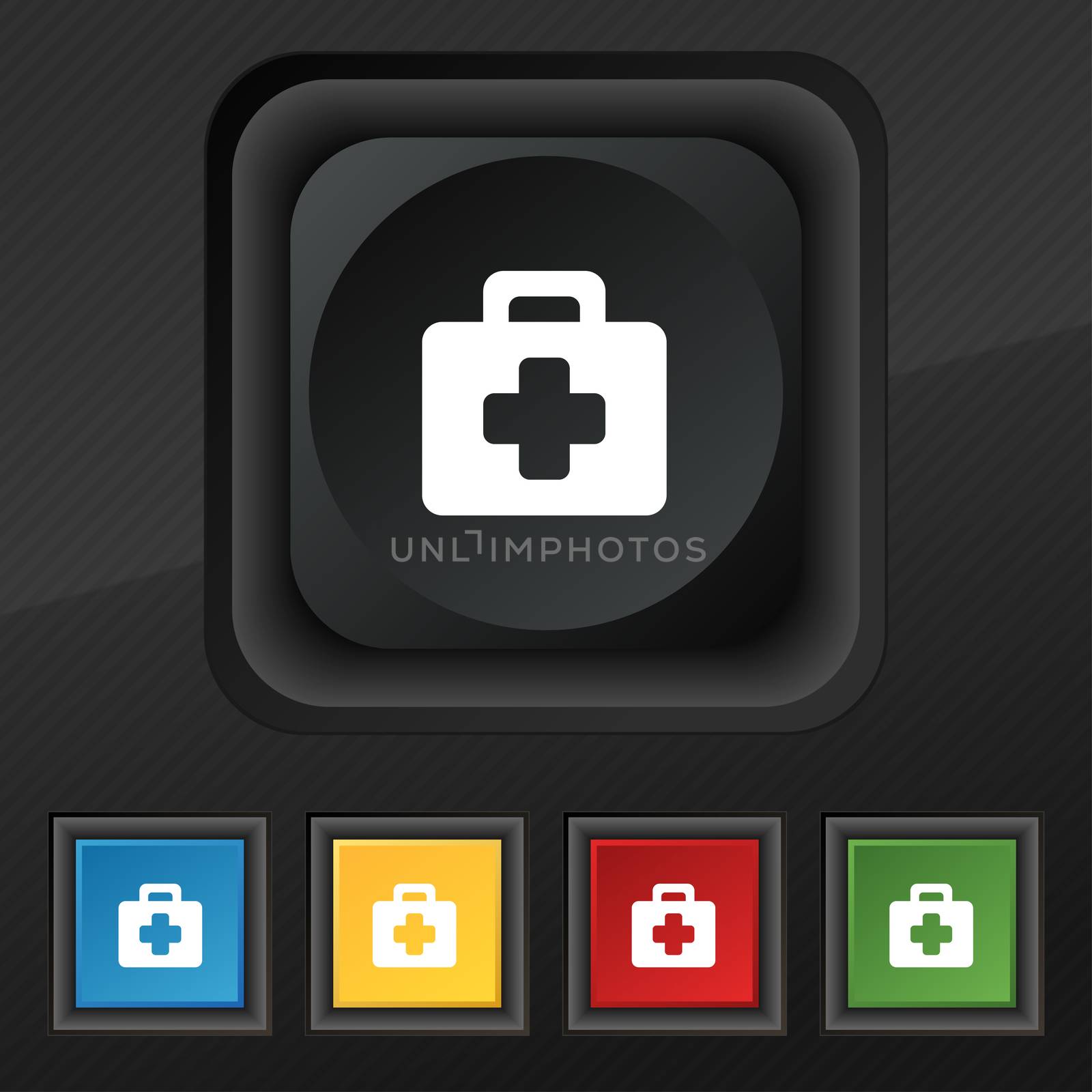 first aid kit icon symbol. Set of five colorful, stylish buttons on black texture for your design.  by serhii_lohvyniuk