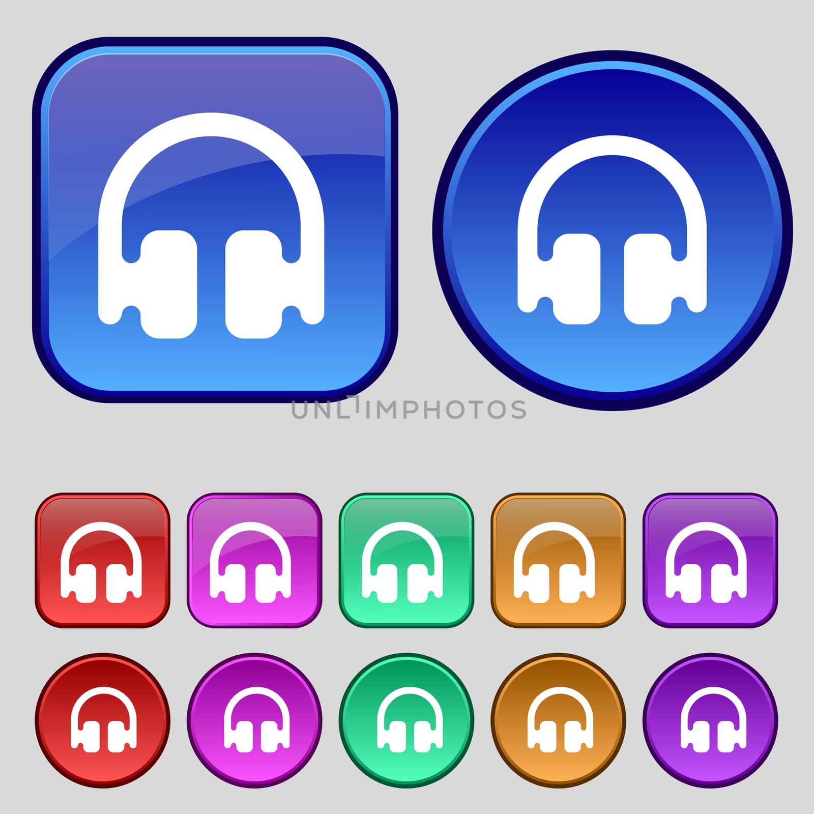 Headphones, Earphones icon sign. A set of twelve vintage buttons for your design. illustration
