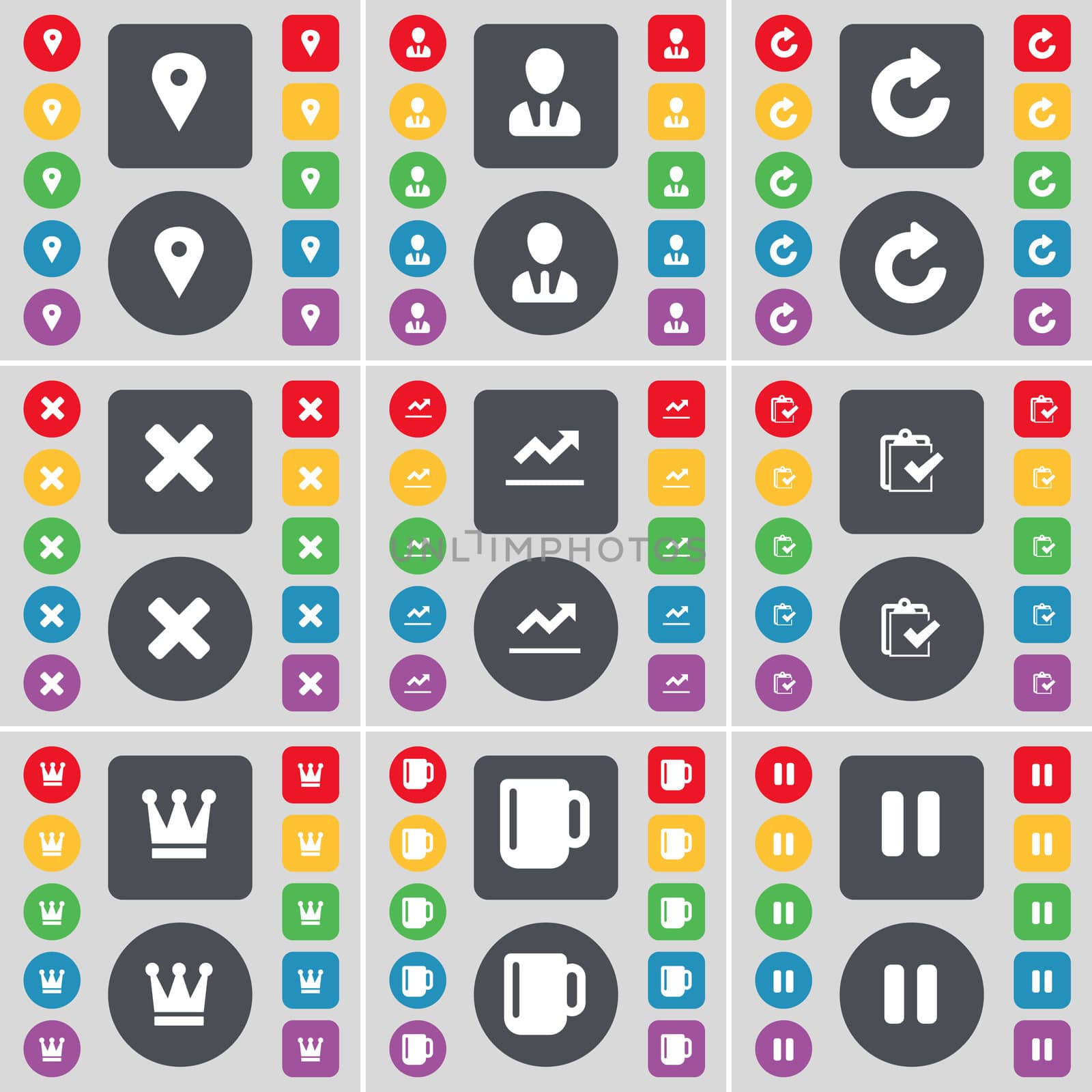 Checkpoint, Avatar, Reload, Stop, Graph file, Survey, Crown, Cup, Pause icon symbol. A large set of flat, colored buttons for your design.  by serhii_lohvyniuk