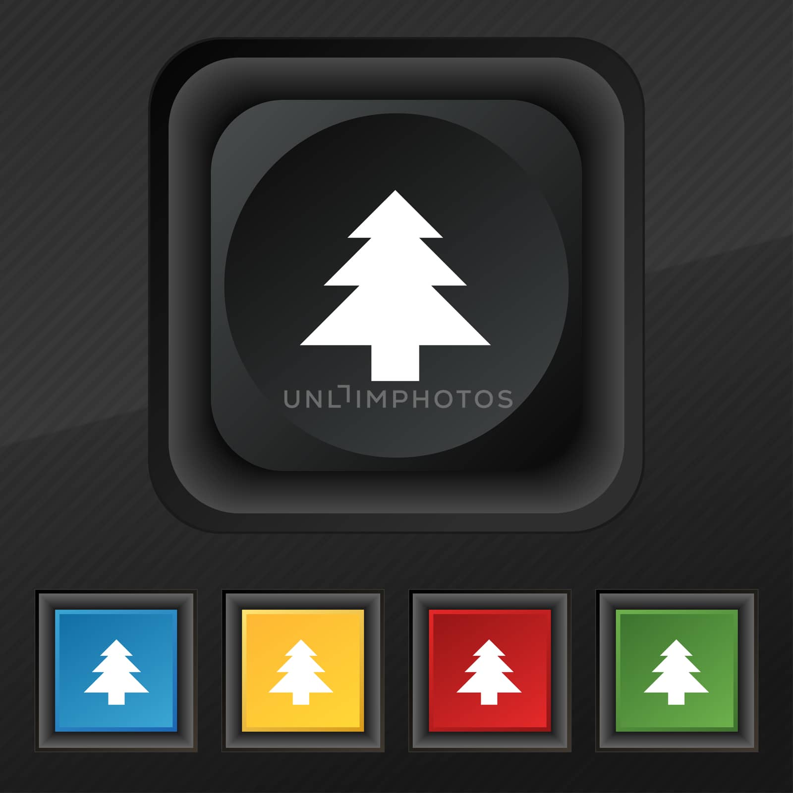 Christmas tree icon symbol. Set of five colorful, stylish buttons on black texture for your design. illustration