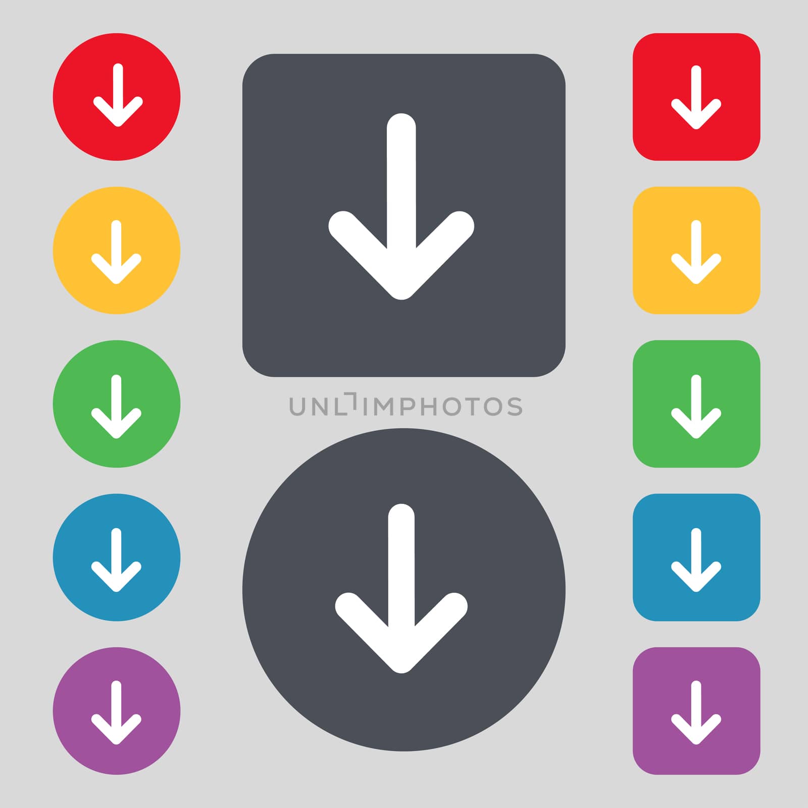Arrow down, Download, Load, Backupicon sign. A set of 12 colored buttons. Flat design. illustration