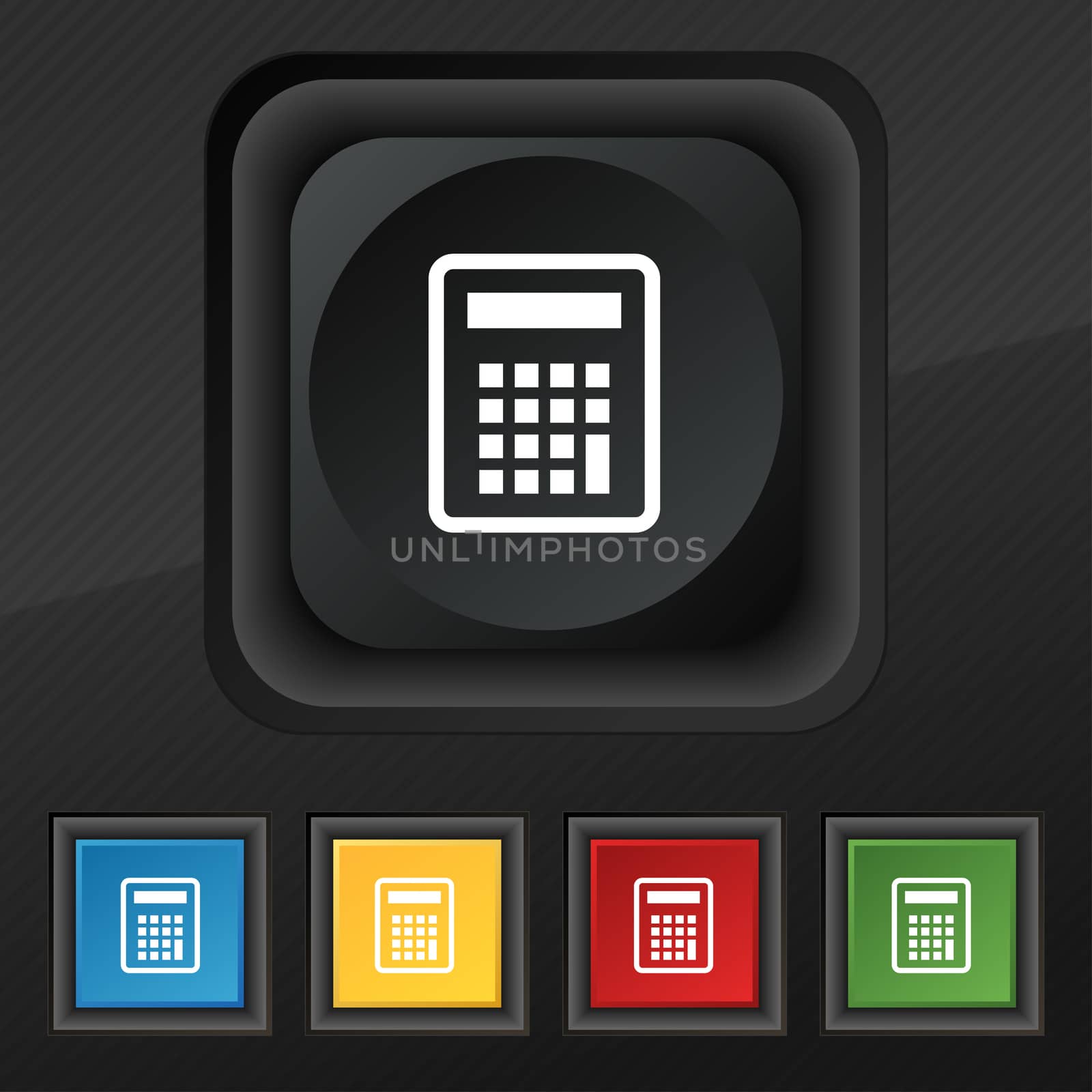 Calculator icon symbol. Set of five colorful, stylish buttons on black texture for your design.  by serhii_lohvyniuk