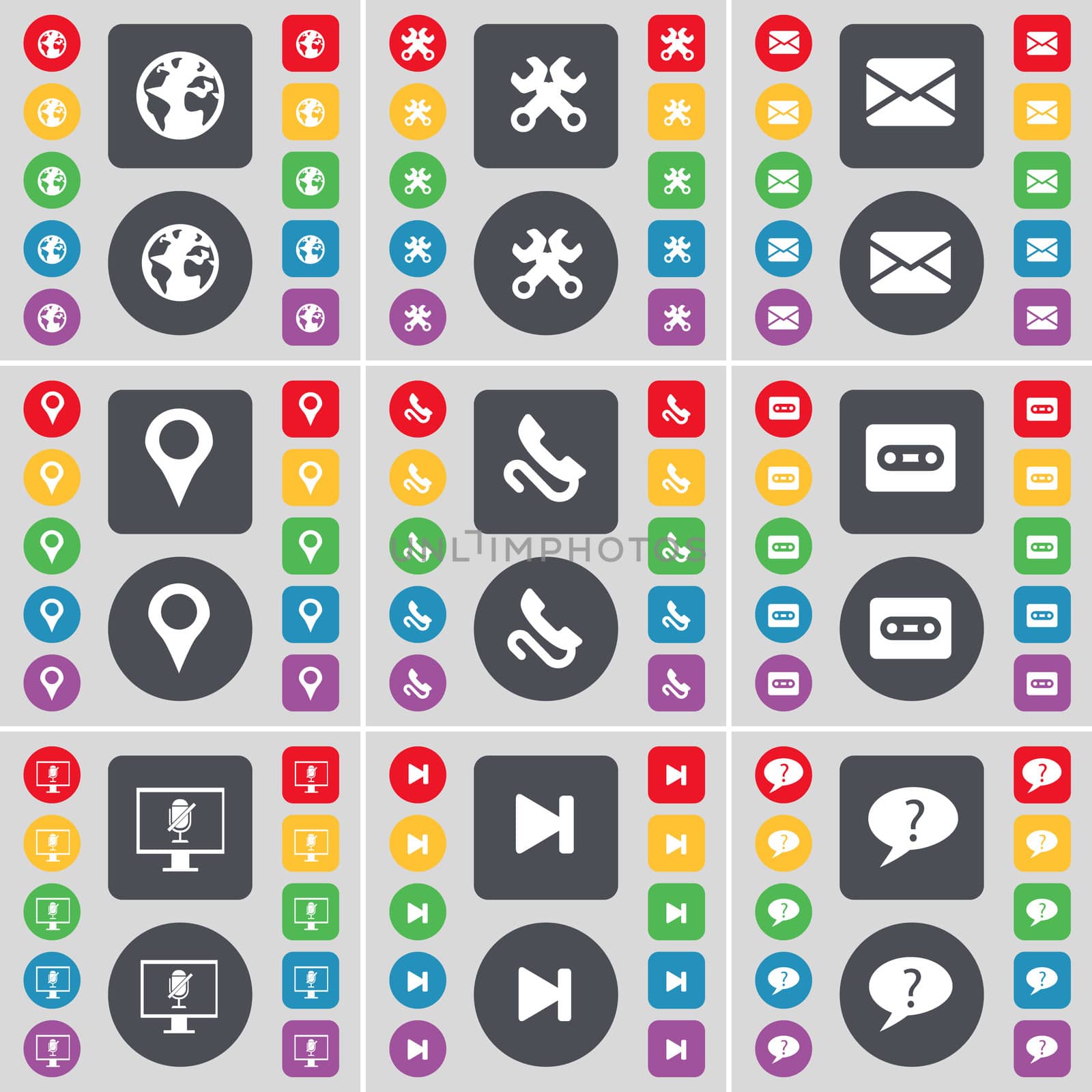 Earth, Wrenches, Message, Checkpoint, Receiver, Cassette, Monitor, Media skip, Chat cloud icon symbol. A large set of flat, colored buttons for your design. illustration