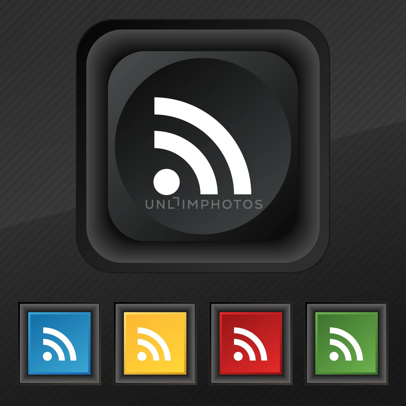 RSS feed icon symbol. Set of five colorful, stylish buttons on black texture for your design.  by serhii_lohvyniuk