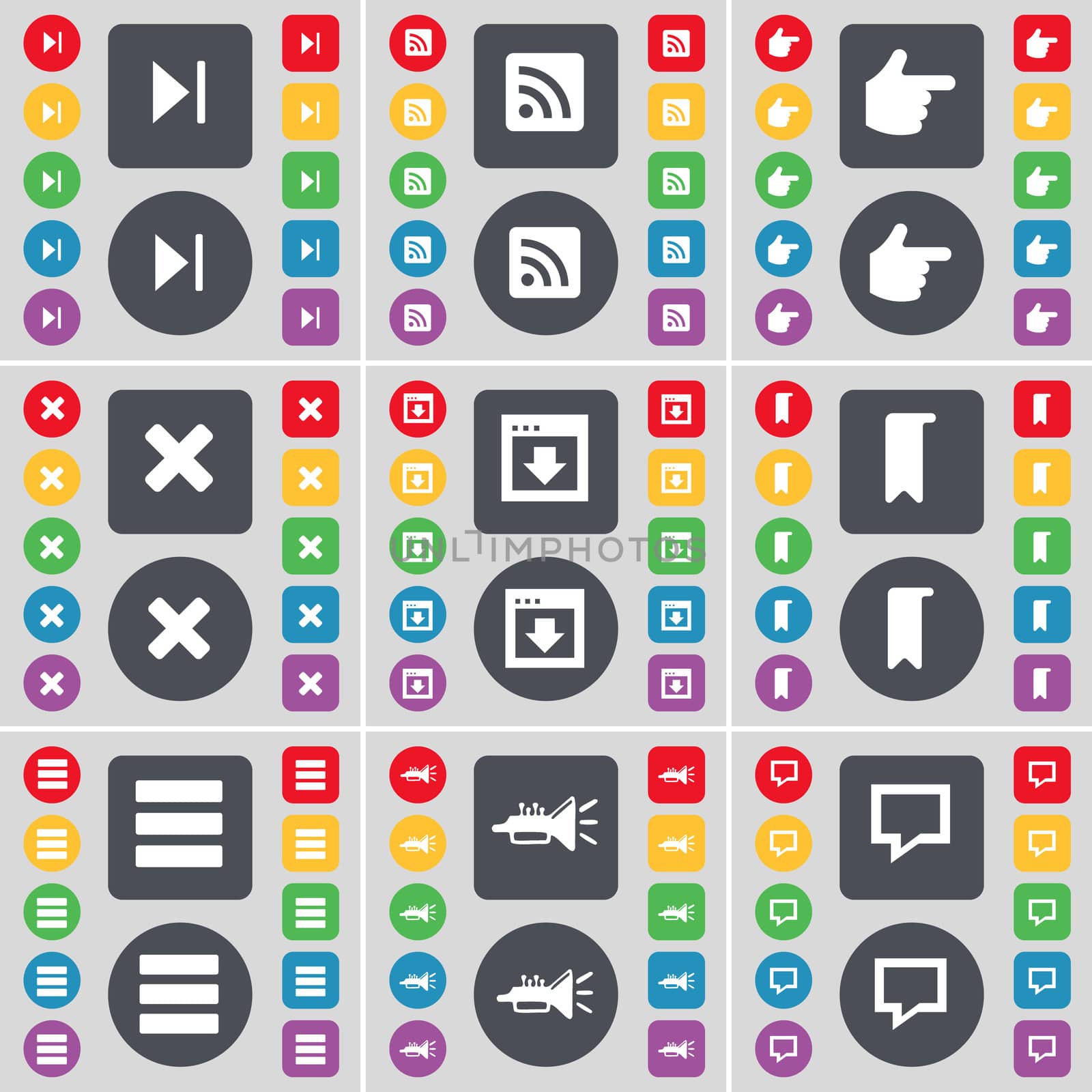 Media skip, RSS, Hand, Stop, Window, Marker, Apps, Trumped, Chat bubble icon symbol. A large set of flat, colored buttons for your design. illustration