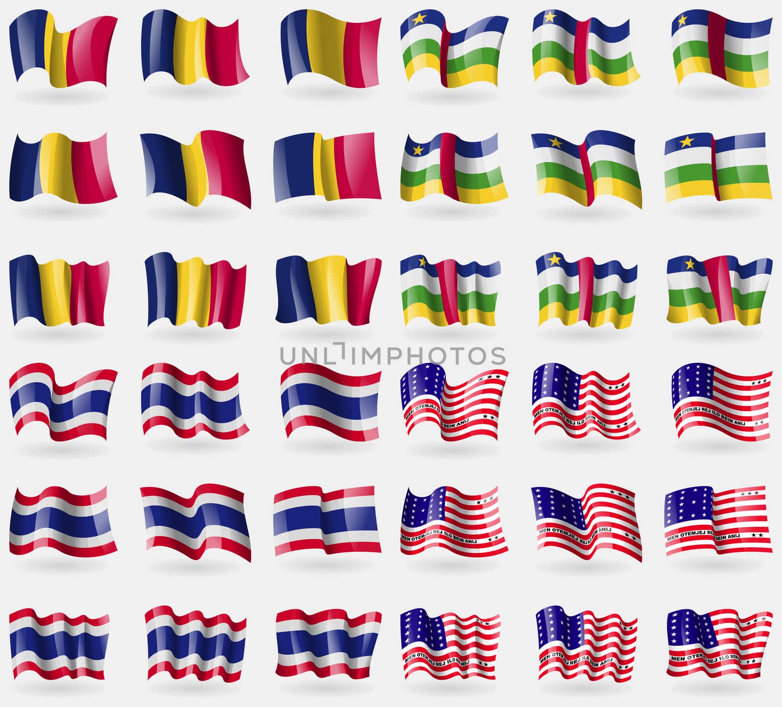 Chad, Central African Republic, Thailand, Bikini Atoll. Set of 36 flags of the countries of the world. illustration