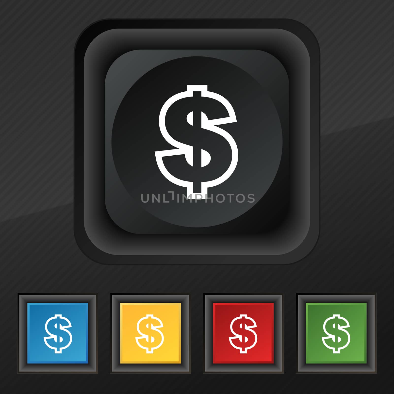 Dollar icon symbol. Set of five colorful, stylish buttons on black texture for your design.  by serhii_lohvyniuk