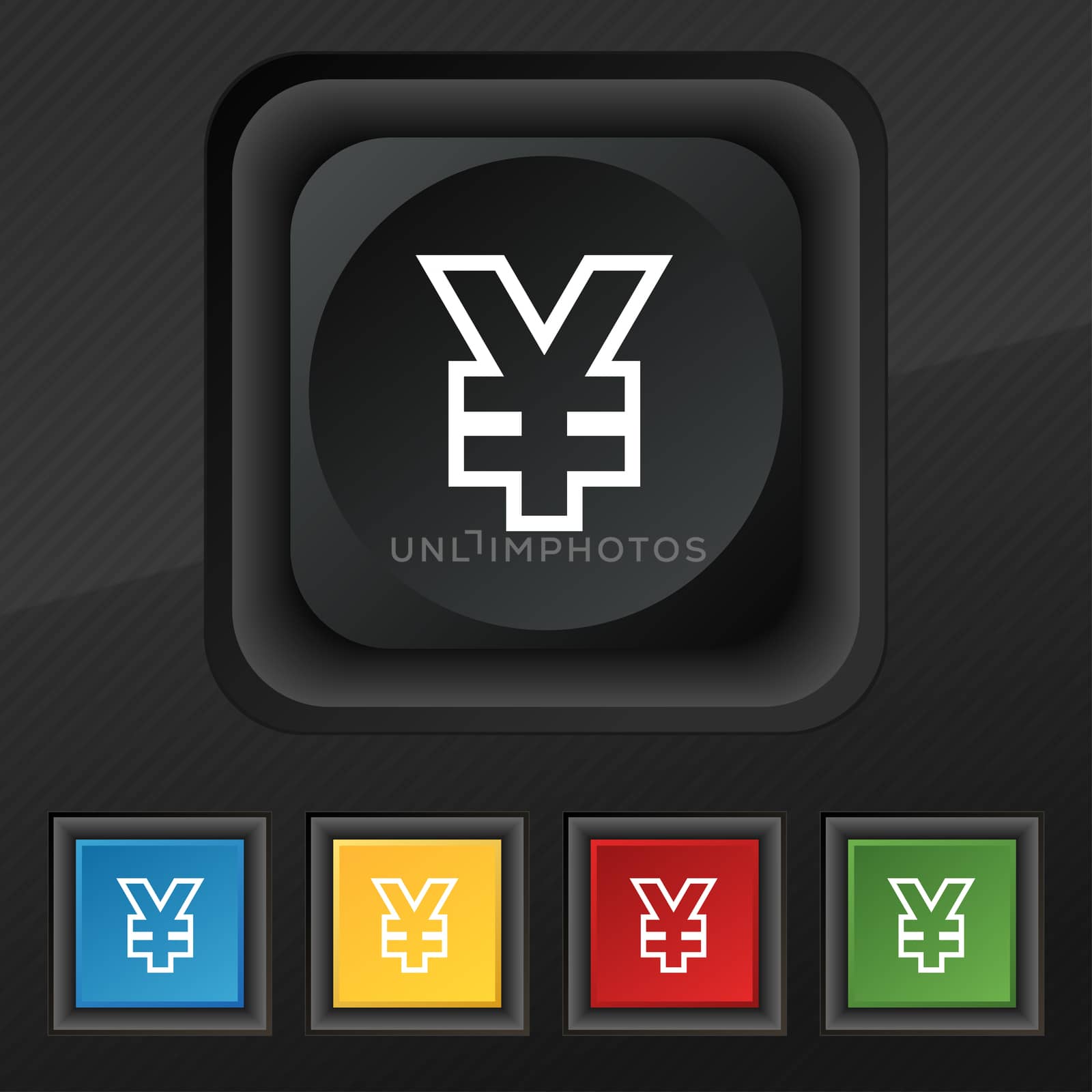 Yen JPY icon symbol. Set of five colorful, stylish buttons on black texture for your design. illustration