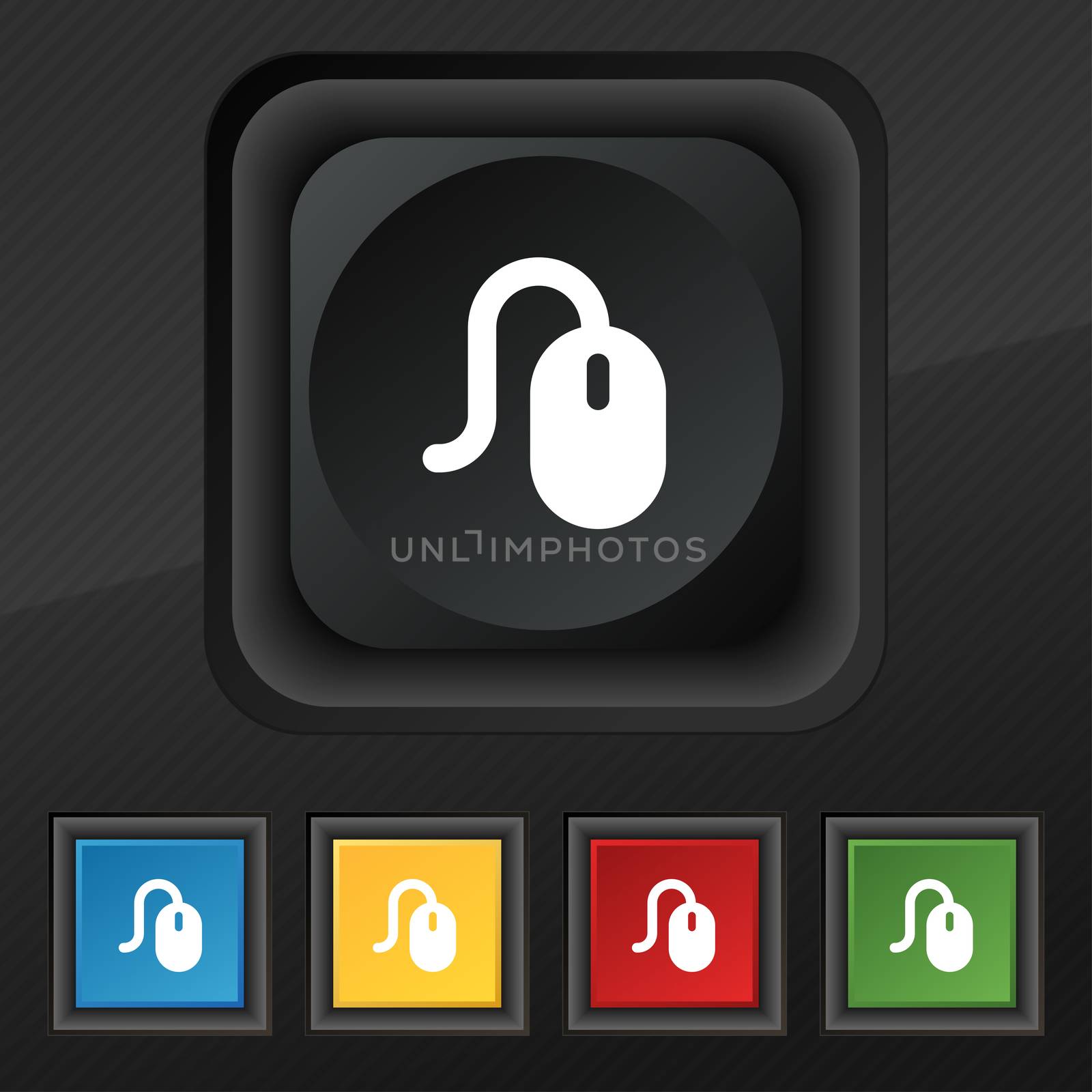 Computer mouse icon symbol. Set of five colorful, stylish buttons on black texture for your design.  by serhii_lohvyniuk