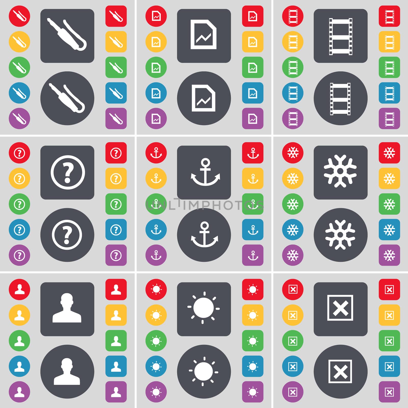 Microphone connector, Graph file, Negative films, Question mark, Anchor, Snowflake, Avatar, Light bulb, Stop icon symbol. A large set of flat, colored buttons for your design. illustration