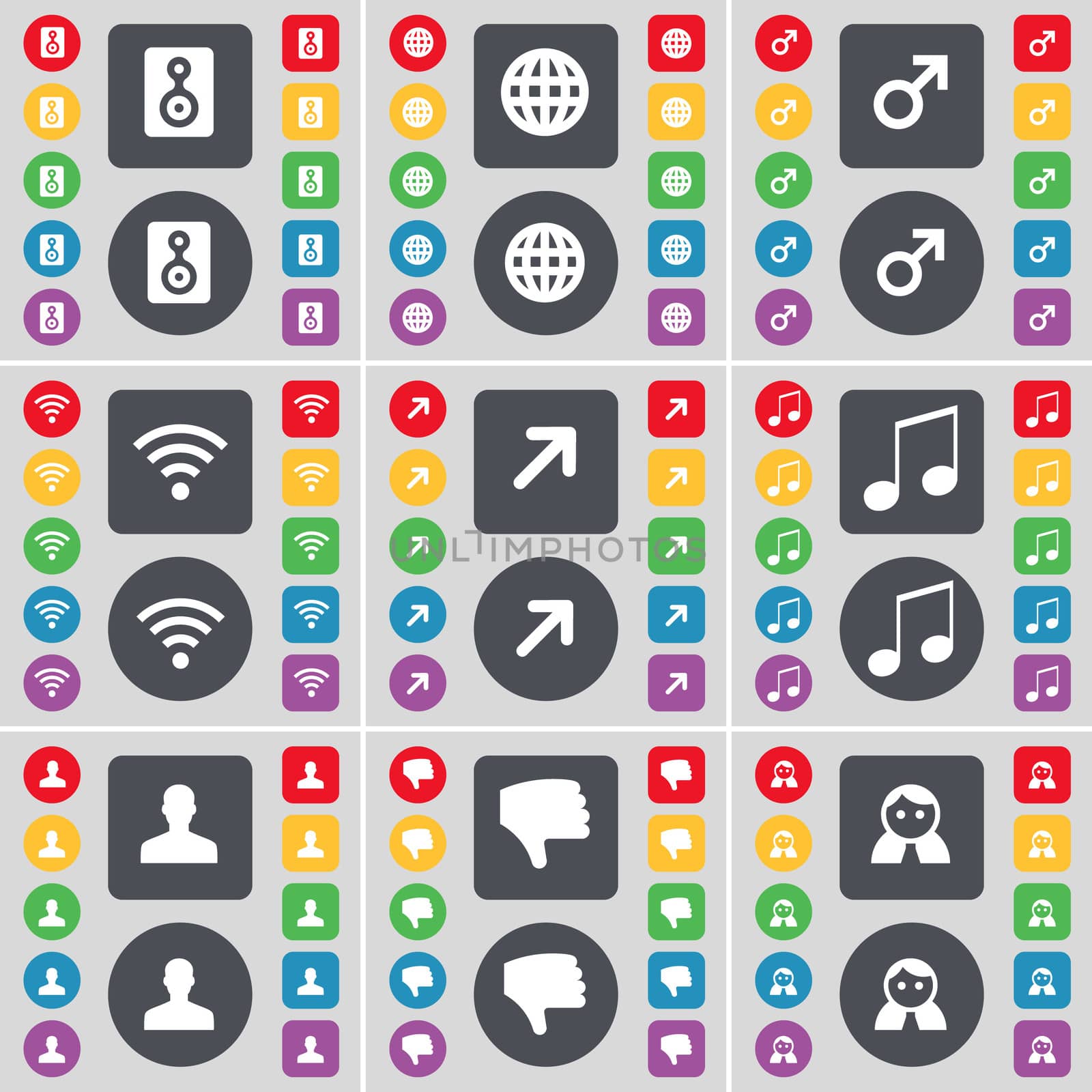 Speaker, Globe, Mars symbol, Wi-Fi, Full screen, Note, Avatar, Dislike, Avatar icon symbol. A large set of flat, colored buttons for your design. illustration