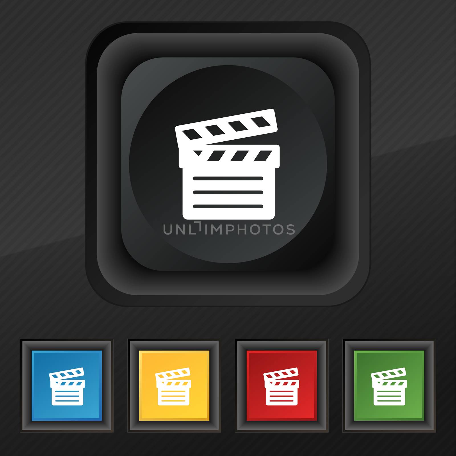 Cinema Clapper icon symbol. Set of five colorful, stylish buttons on black texture for your design.  by serhii_lohvyniuk