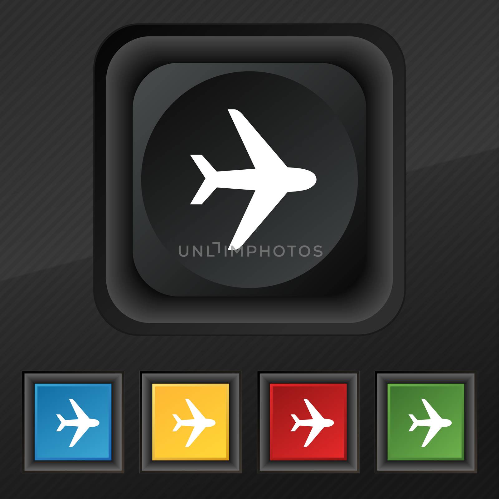 Plane icon symbol. Set of five colorful, stylish buttons on black texture for your design.  by serhii_lohvyniuk