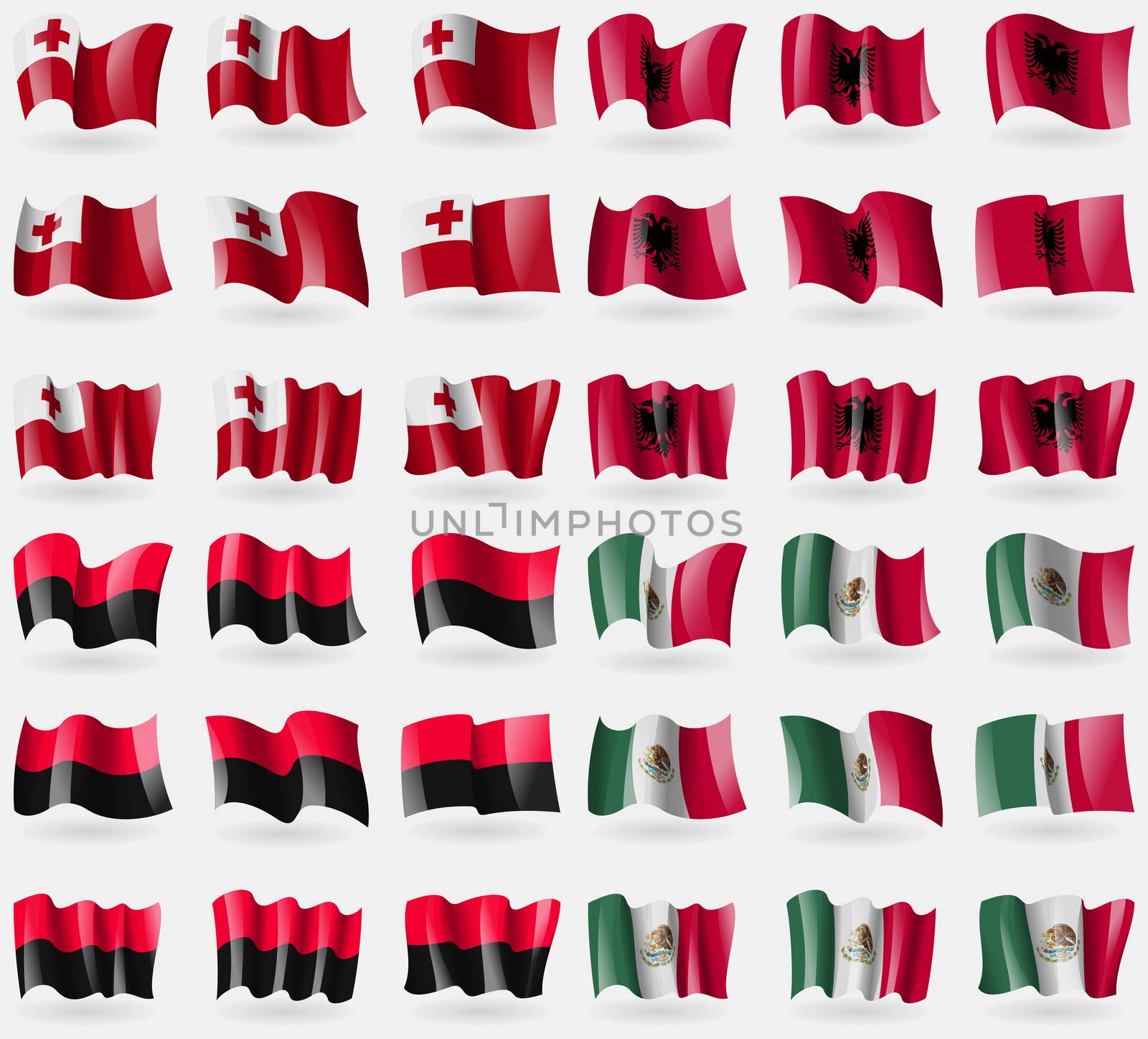 Tonga, Albania, UPA, Mexico. Set of 36 flags of the countries of the world. illustration