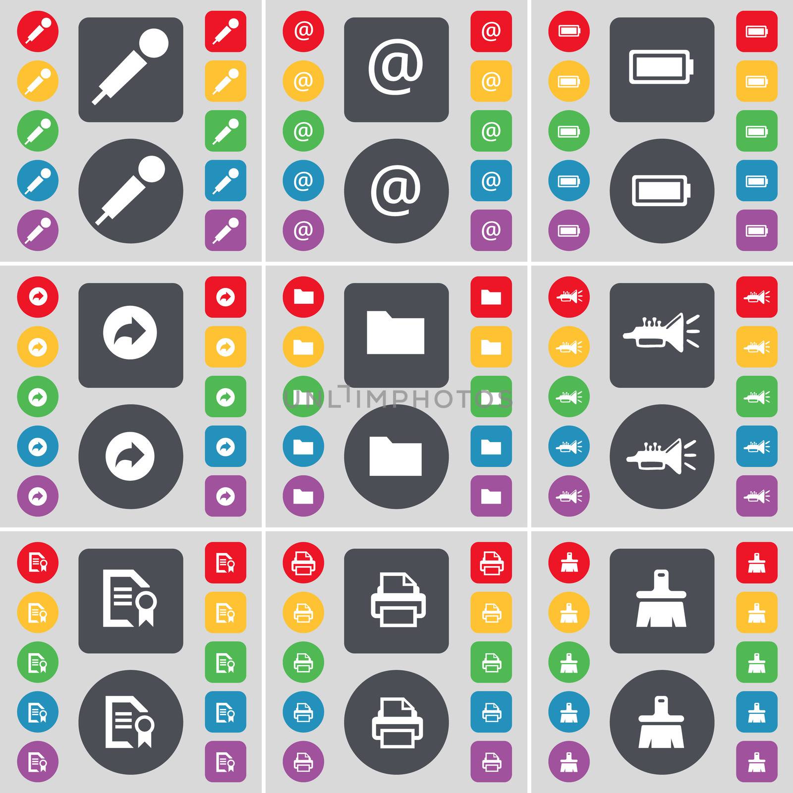 Microphone, Mail, Battery, Back, Folder, Trumped, Text file, Printer, Brush icon symbol. A large set of flat, colored buttons for your design. illustration