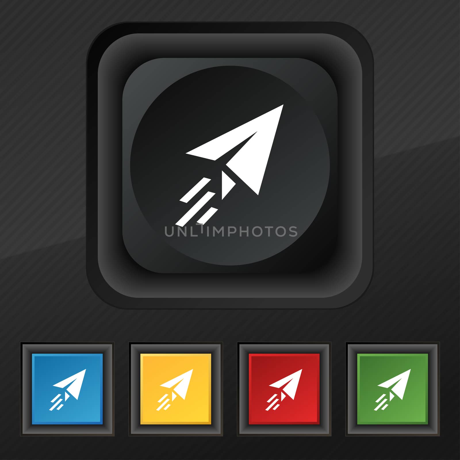 Paper airplane icon symbol. Set of five colorful, stylish buttons on black texture for your design.  by serhii_lohvyniuk