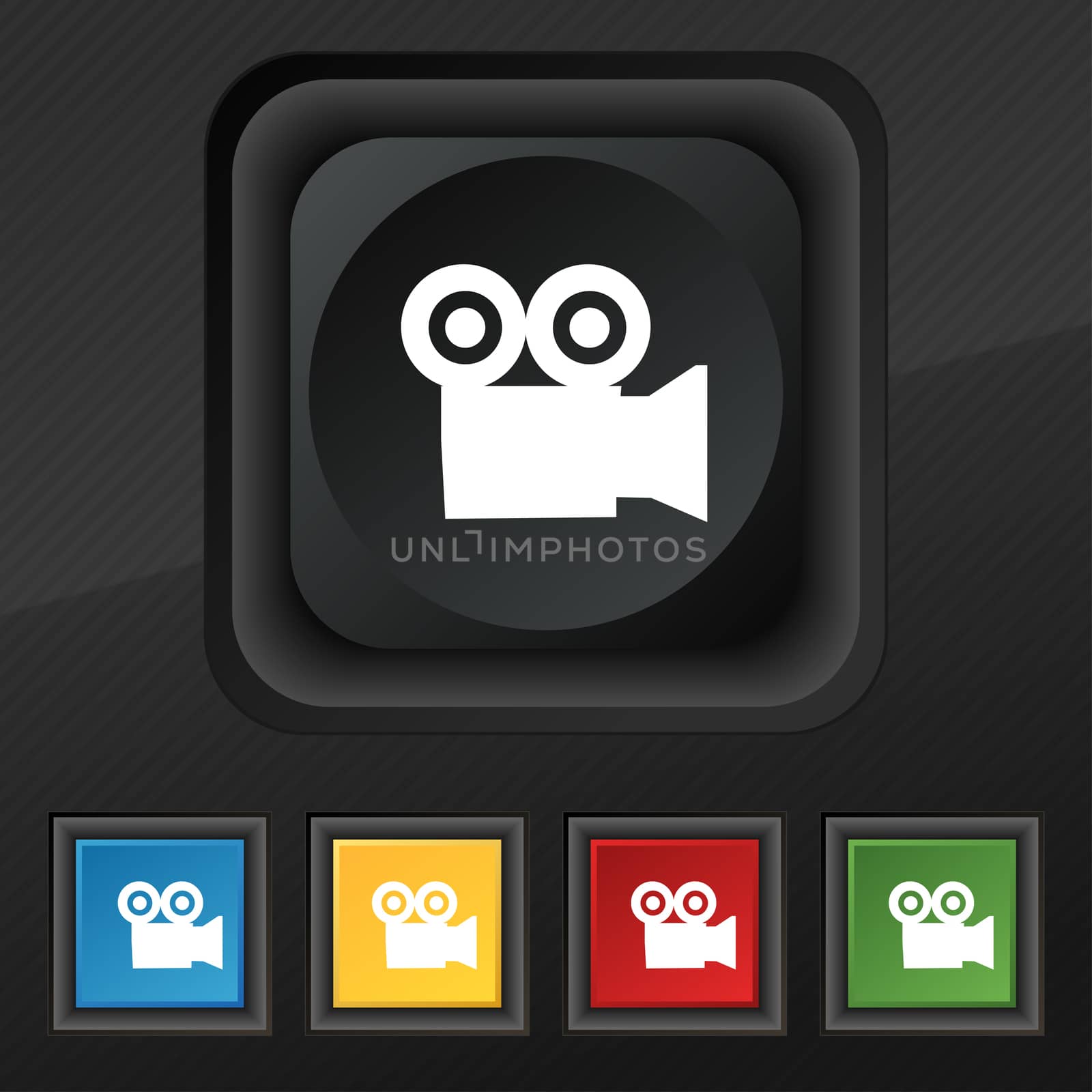 video camera icon symbol. Set of five colorful, stylish buttons on black texture for your design.  by serhii_lohvyniuk