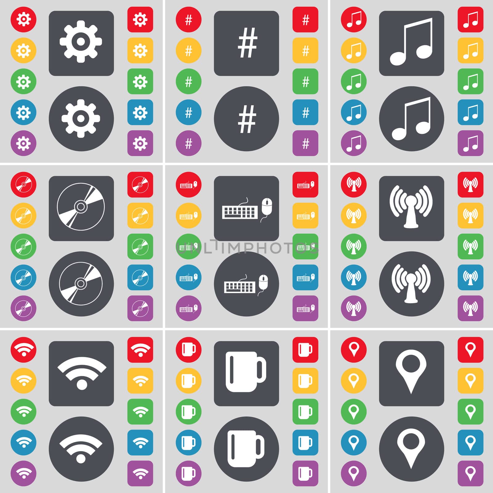 Gear, Hashtag, Note, Disk, Keyboard, Wi-Fi, Cup, Checkpoint icon symbol. A large set of flat, colored buttons for your design. illustration