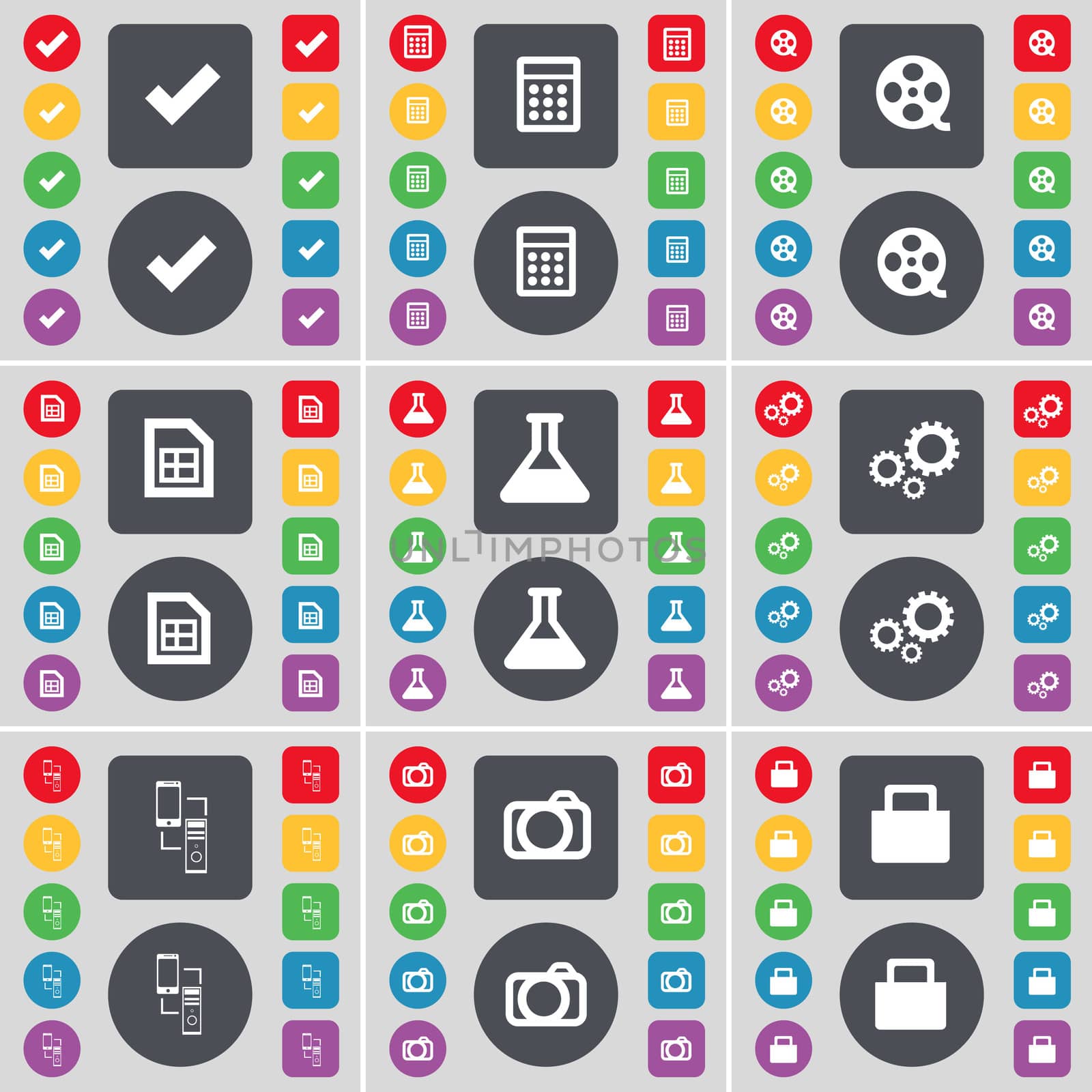 Tick, Calculator, Videotape, File, Flask, Gear, Connection, Camera, Lock icon symbol. A large set of flat, colored buttons for your design. illustration