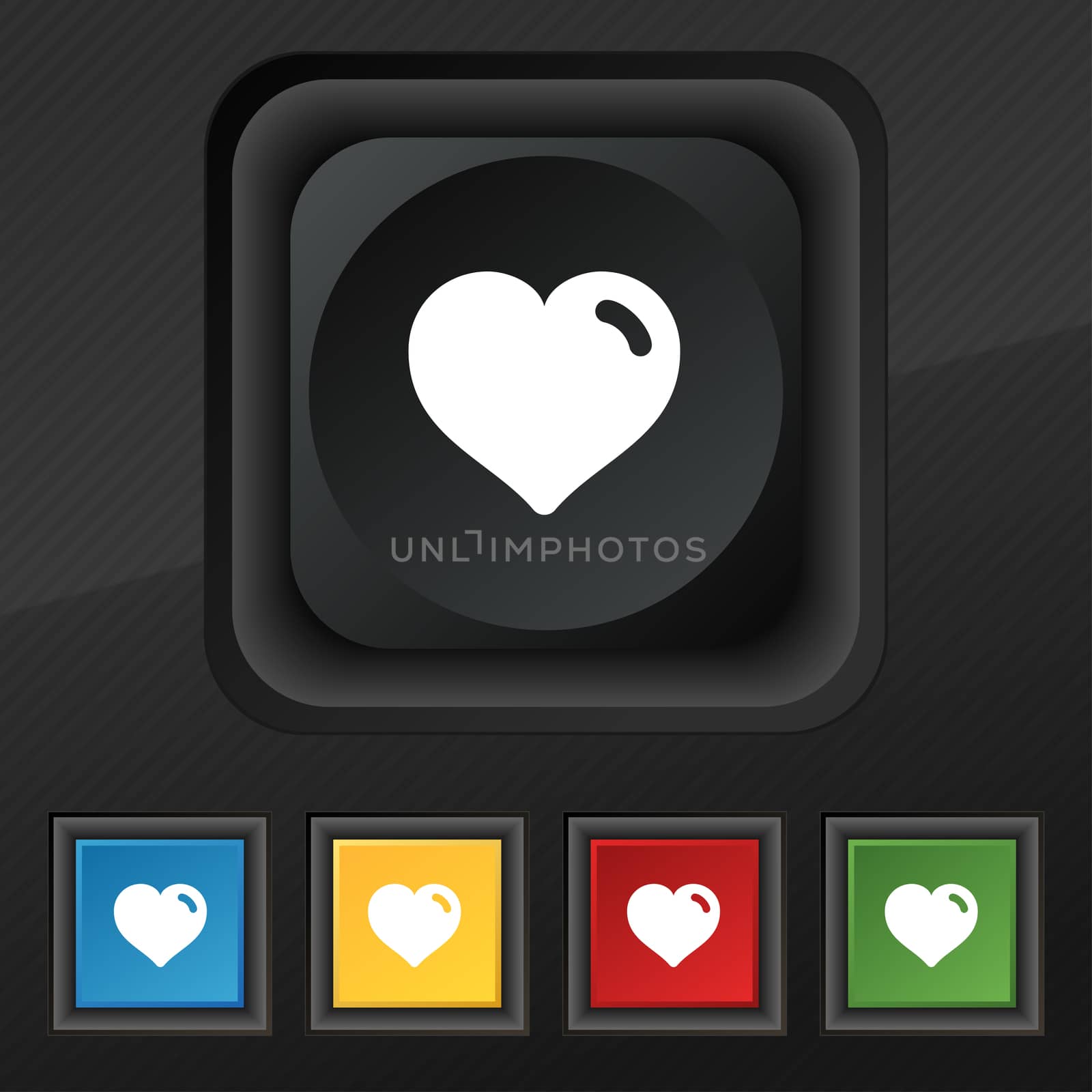 Heart, Love icon symbol. Set of five colorful, stylish buttons on black texture for your design.  by serhii_lohvyniuk