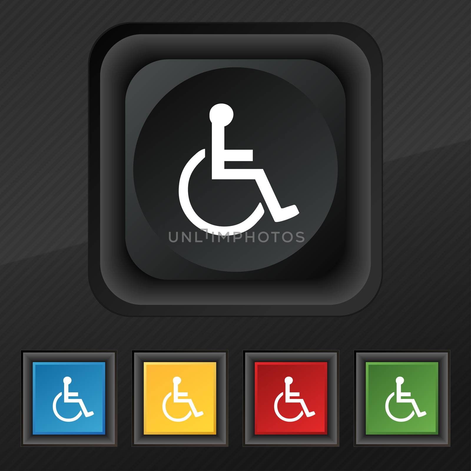 disabled icon symbol. Set of five colorful, stylish buttons on black texture for your design.  by serhii_lohvyniuk