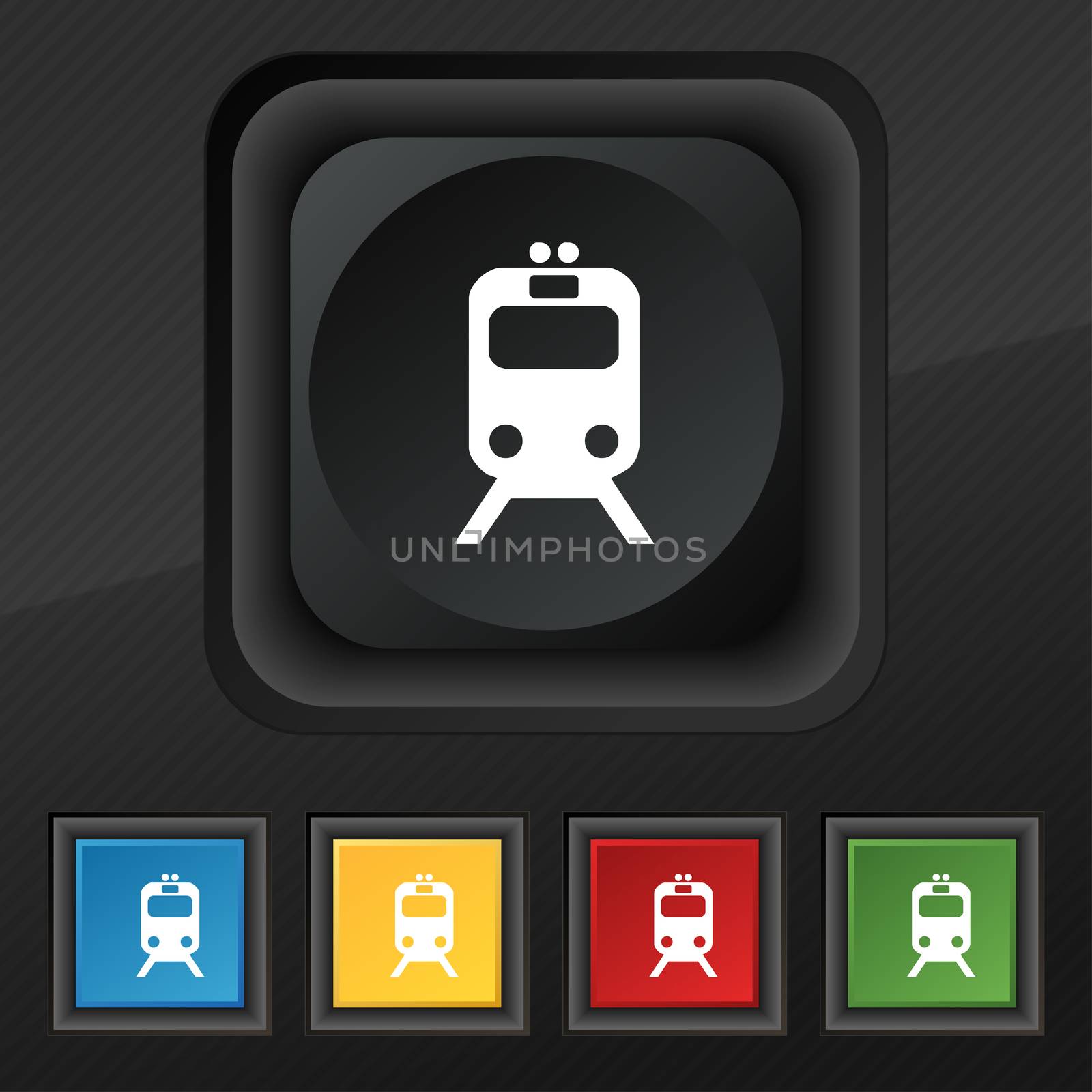 train icon symbol. Set of five colorful, stylish buttons on black texture for your design.  by serhii_lohvyniuk