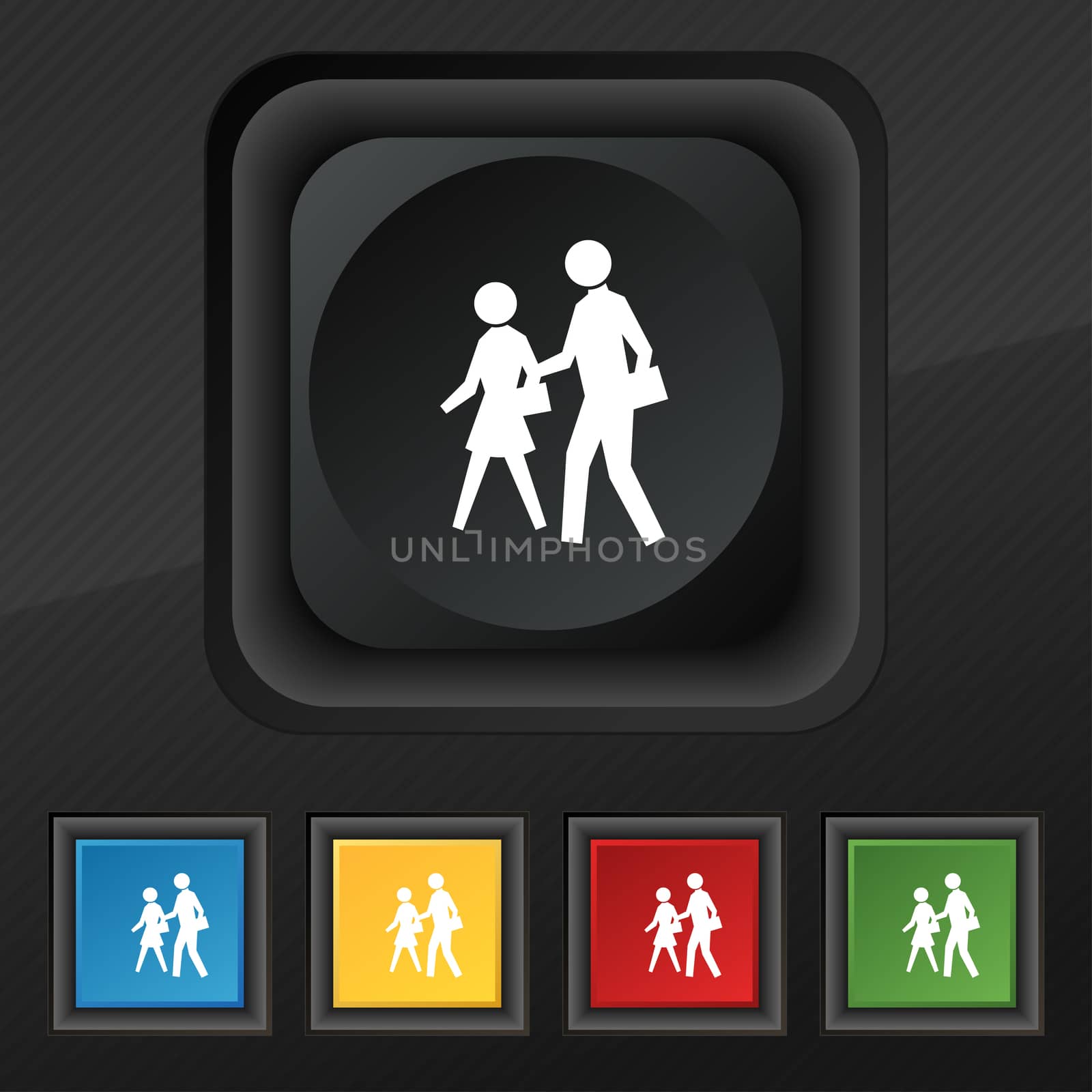 crosswalk icon symbol. Set of five colorful, stylish buttons on black texture for your design.  by serhii_lohvyniuk