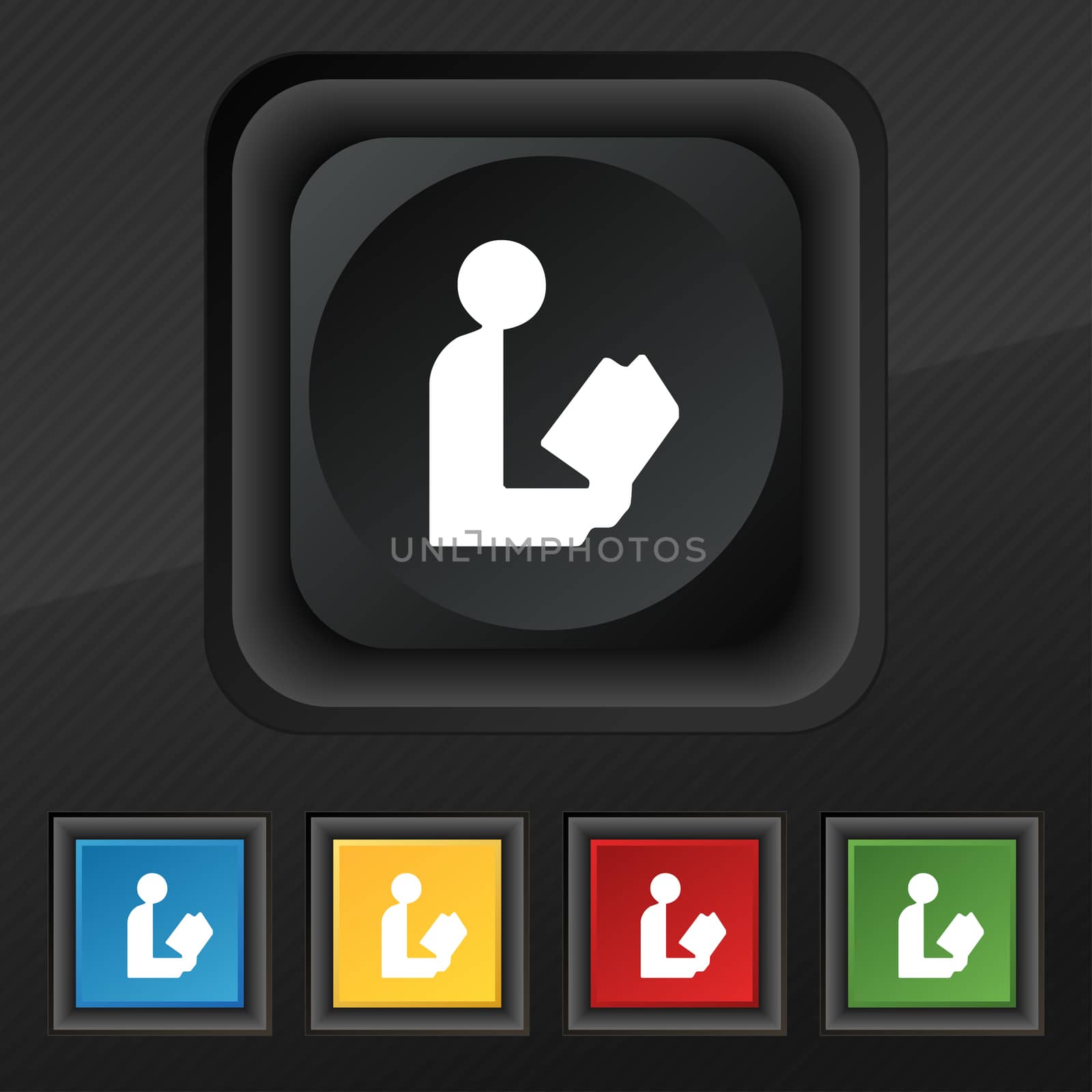 read a book icon symbol. Set of five colorful, stylish buttons on black texture for your design. illustration