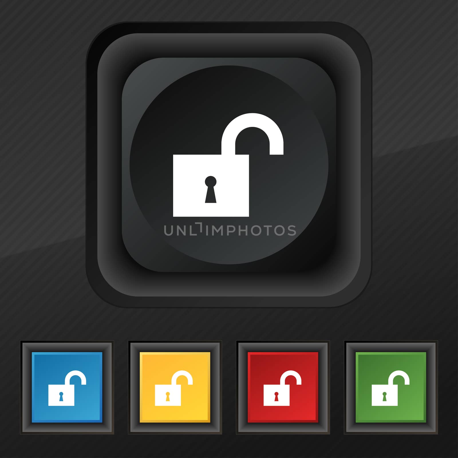open lock icon symbol. Set of five colorful, stylish buttons on black texture for your design.  by serhii_lohvyniuk
