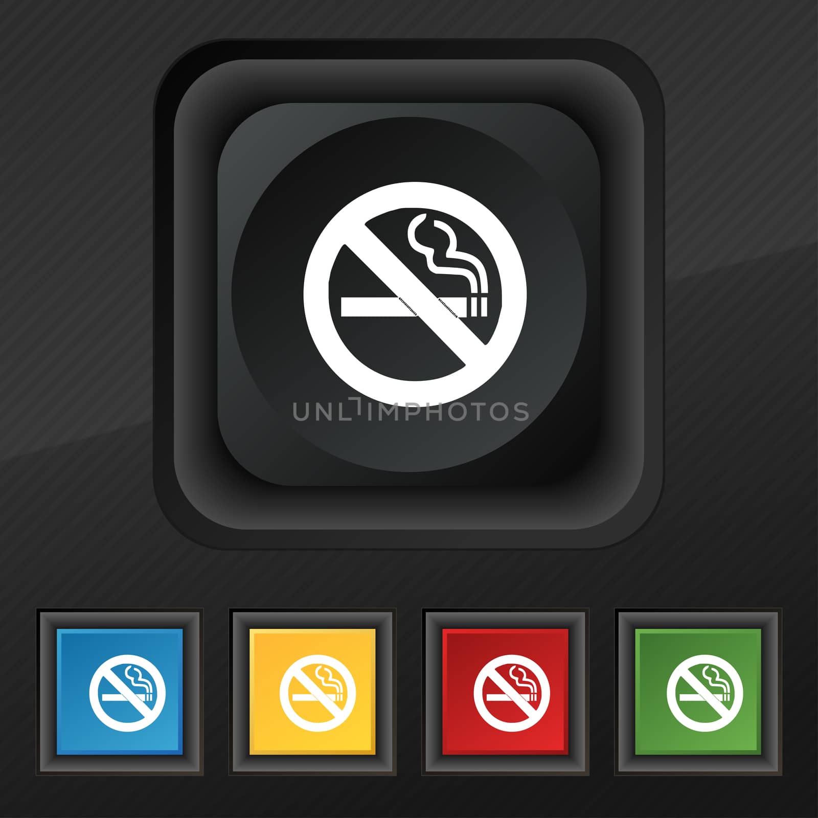 no smoking icon symbol. Set of five colorful, stylish buttons on black texture for your design. illustration