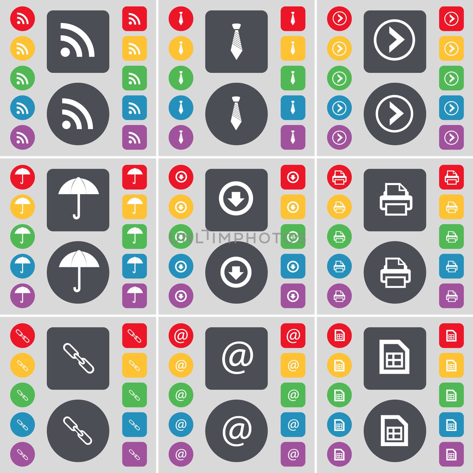 RSS, Tie, Arrow right, Umbrella, Arrow down, Printer, Link, Mail, File icon symbol. A large set of flat, colored buttons for your design. illustration