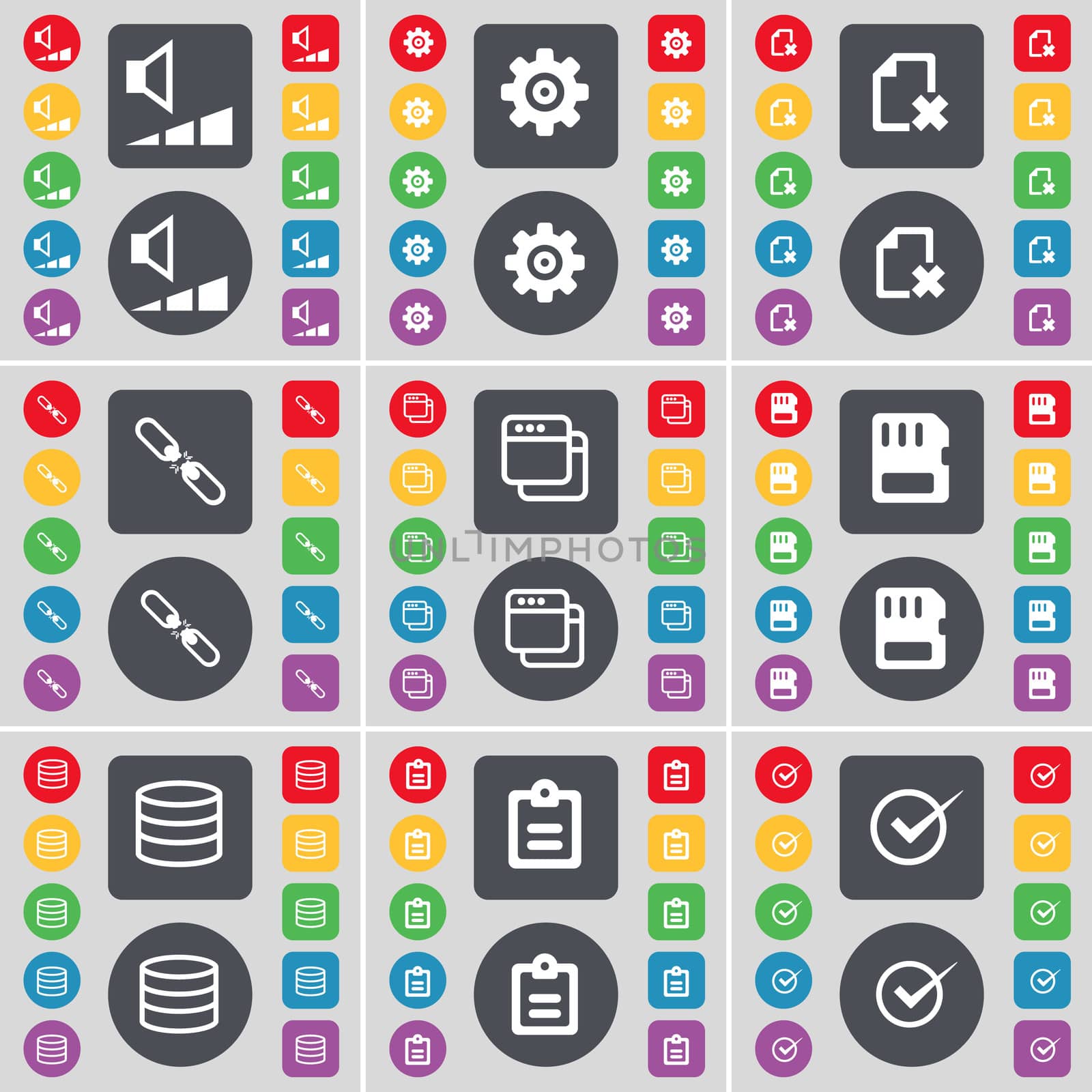 Volume, Gear, File, Link, Window, SIM card, Database, Survey, Tick icon symbol. A large set of flat, colored buttons for your design. illustration