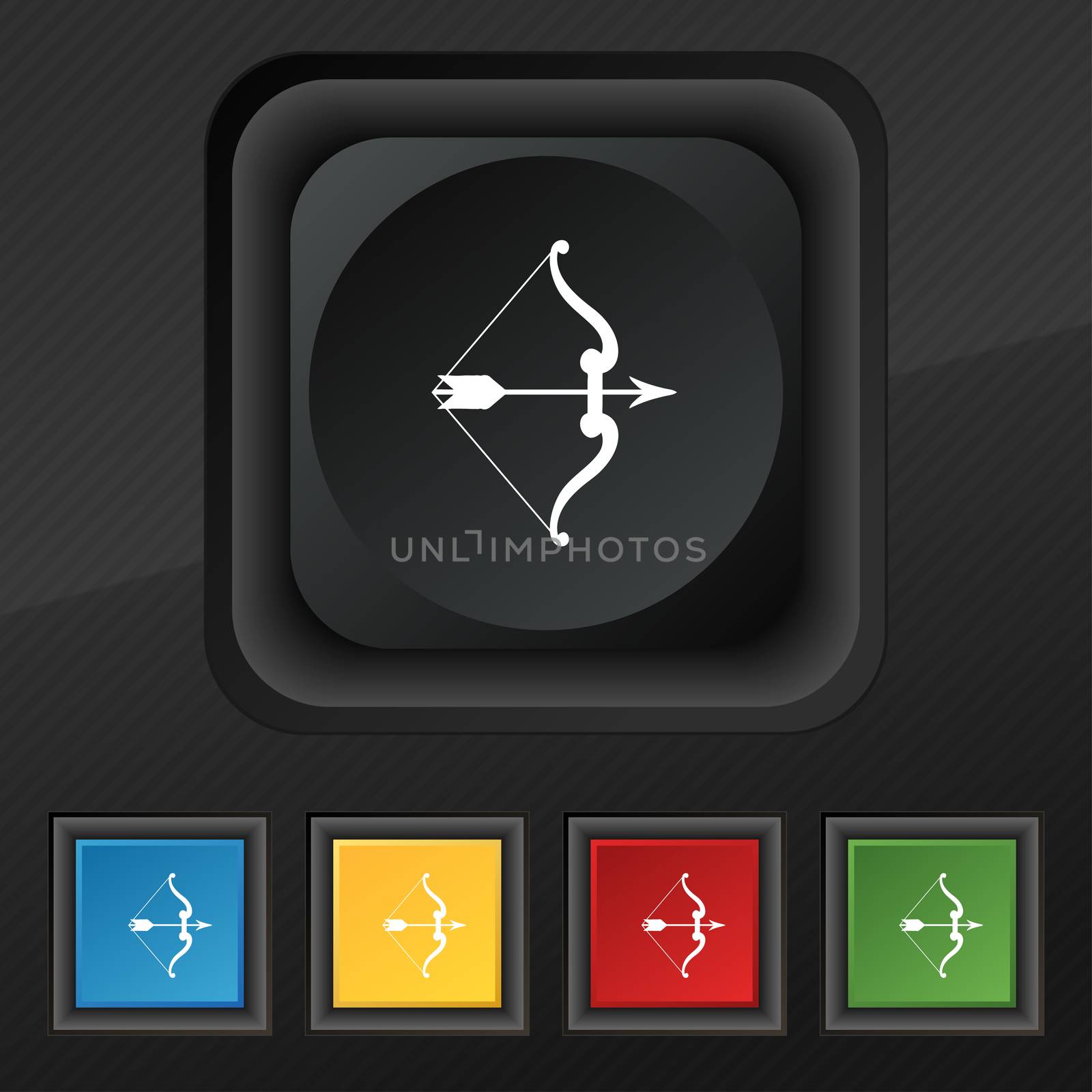 bow and arrow icon symbol. Set of five colorful, stylish buttons on black texture for your design.  by serhii_lohvyniuk