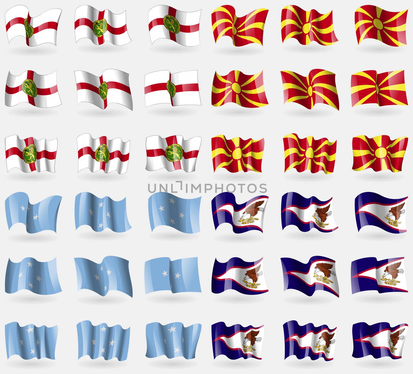 Alderney, Macedonia, Micronesia, American Samoa. Set of 36 flags of the countries of the world. illustration