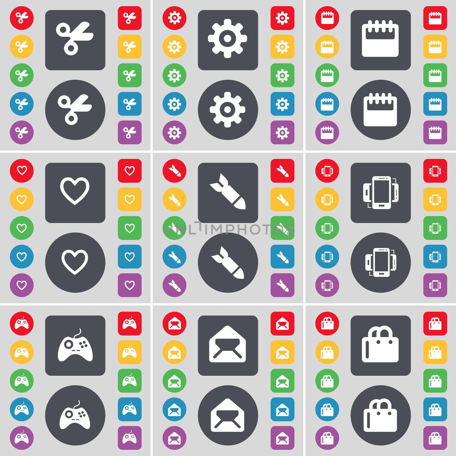 Scissors, Gear, Calendar, Heart, Rocket, Smartphone, Gamepad, Message, Shopping bag icon symbol. A large set of flat, colored buttons for your design. illustration