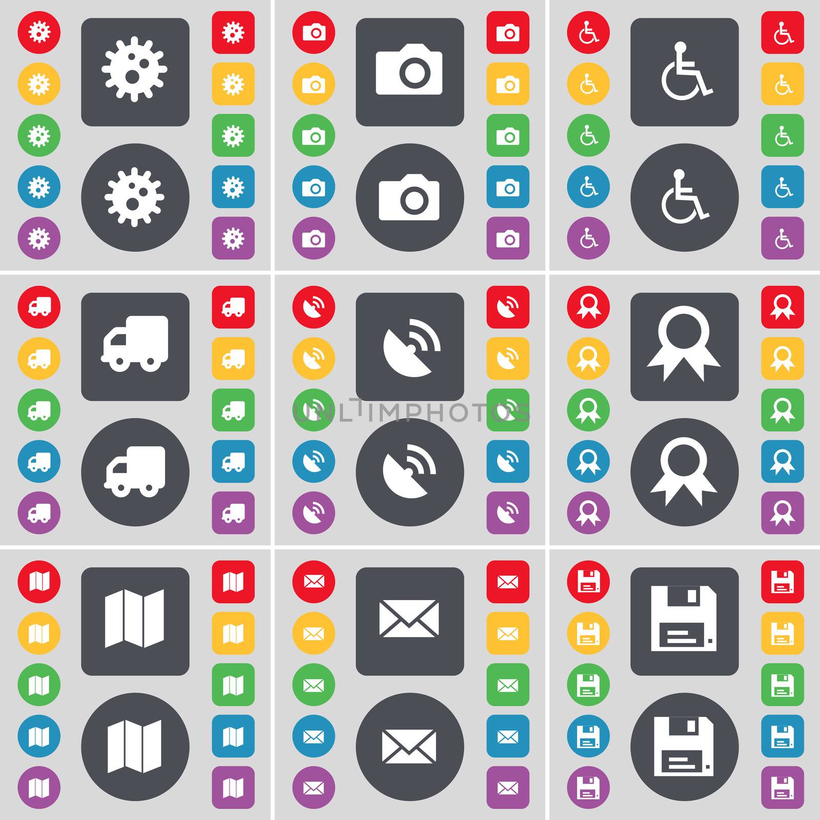 Gear, Camera, Disabled person, Truck, Satellite dish, Medal, Map, Message, Floppy icon symbol. A large set of flat, colored buttons for your design. illustration